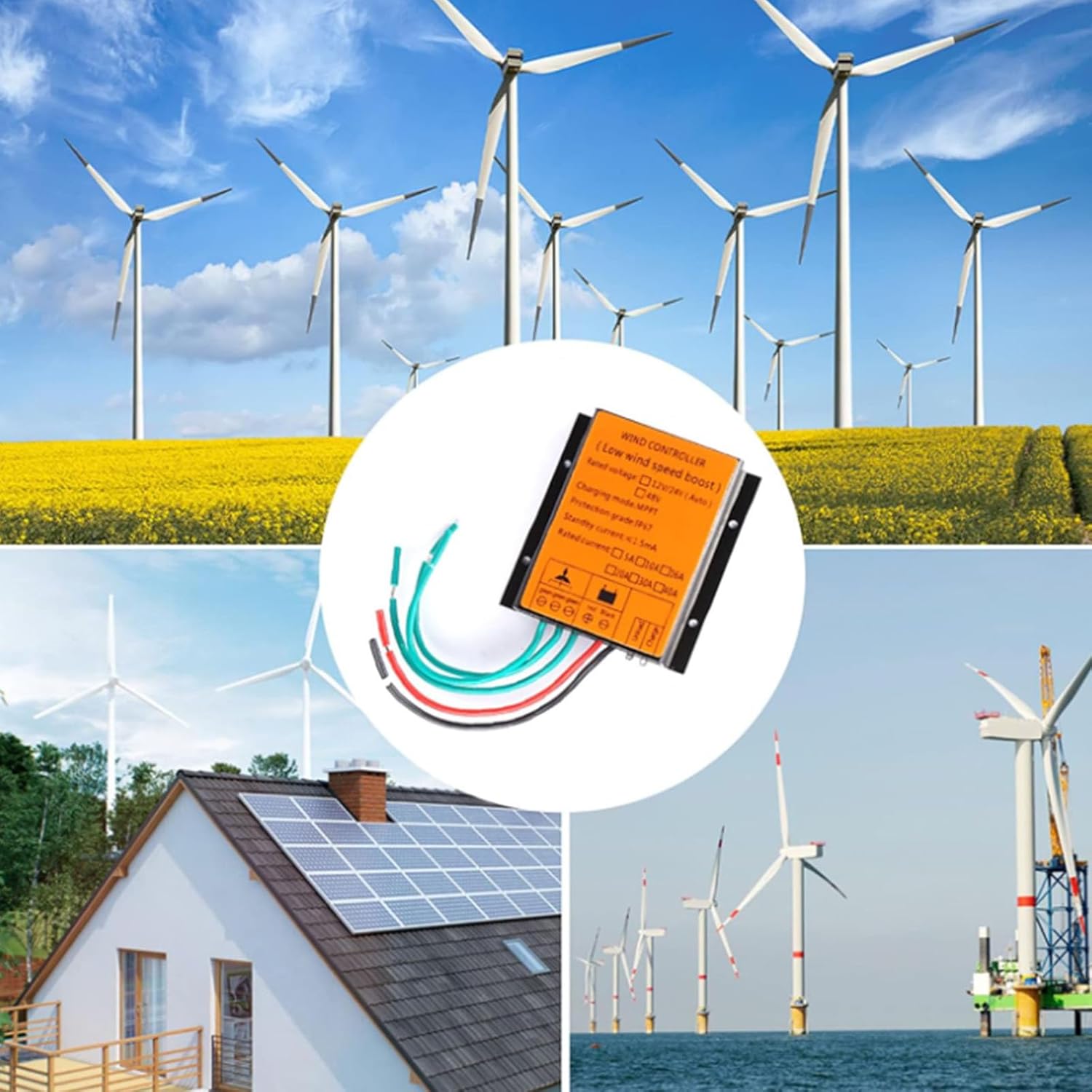 1200W Wind Generator Controller 12V 24V 48V Auto MPPT Charging Mode IP67 Waterproof Wind Turbine Regulator Low Wind Speed Boost for Off-Grid Power,Yellow,220V