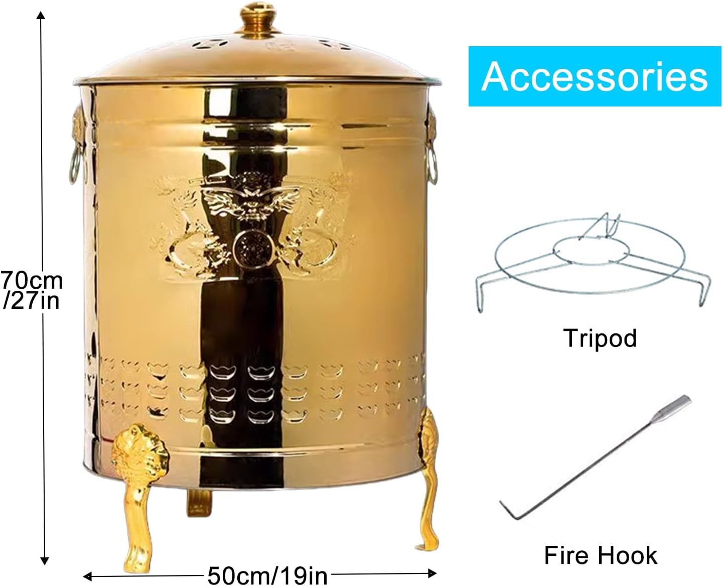 Incinerator, Galvanized Trash can, Burn Pits for Backyard, Including Grid Frame, Fire Hook, Liner, for Leaves, Trash, Camping(50cm/19in)