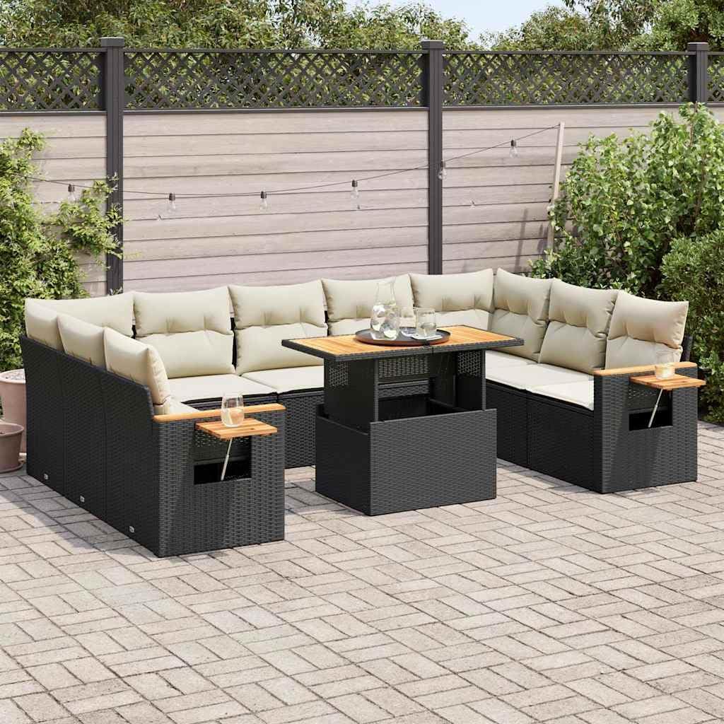 10-Piece Modular Garden Sofa Set in Black with Cream White Cushions, Outdoor Patio Furniture with Storage and Weather-Resistant PE Rattan Design for Balcony or Terrace