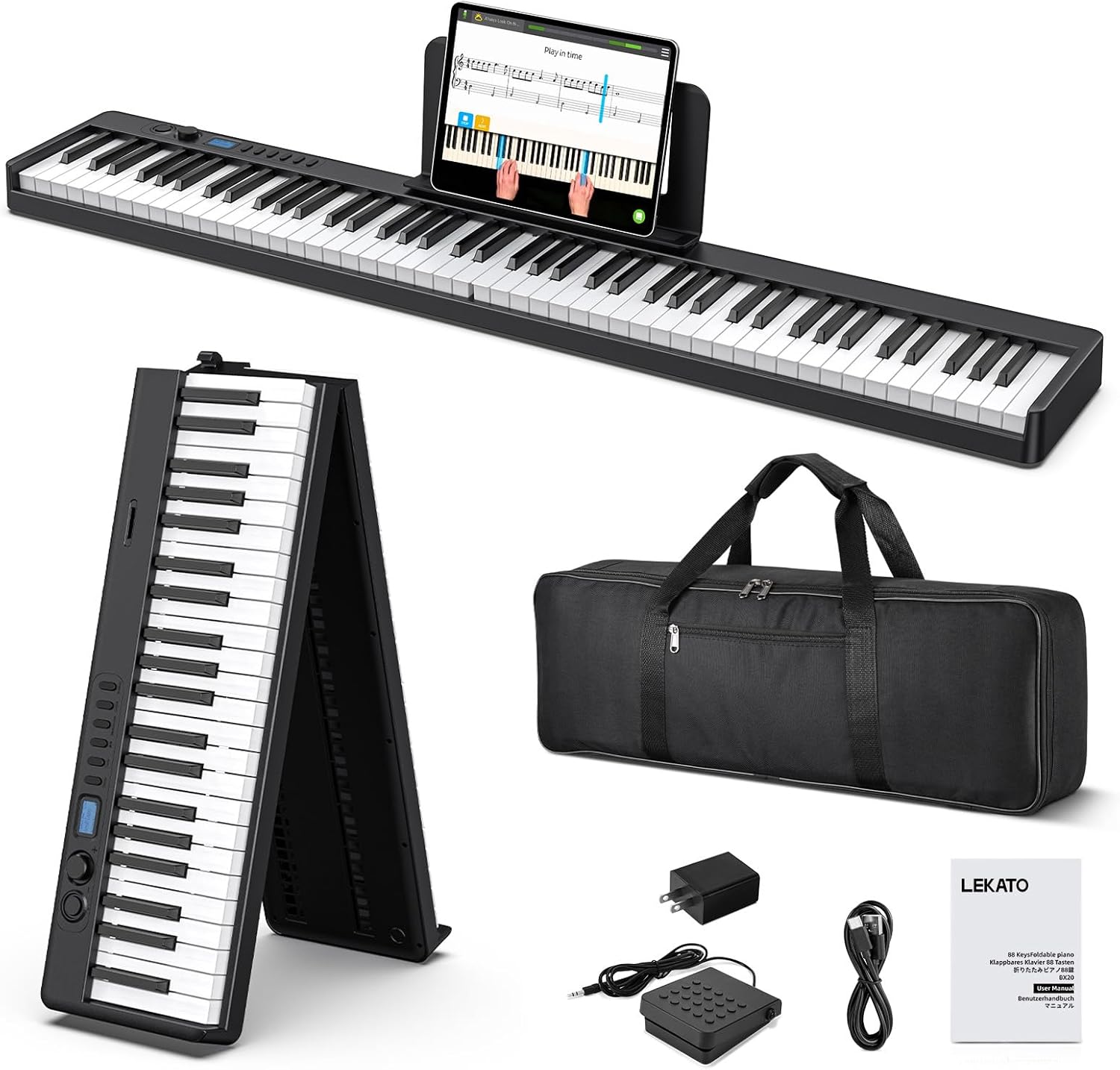 LEKATO Portable 88 Keys Electric Piano Keyboard, Foldable Digital Piano with Full Size Semi-Weighted Velocity Keys, Wood Grain, Learning Mode, LCD Screen, Bluetooth USB Midi, for Beginners Home Travel