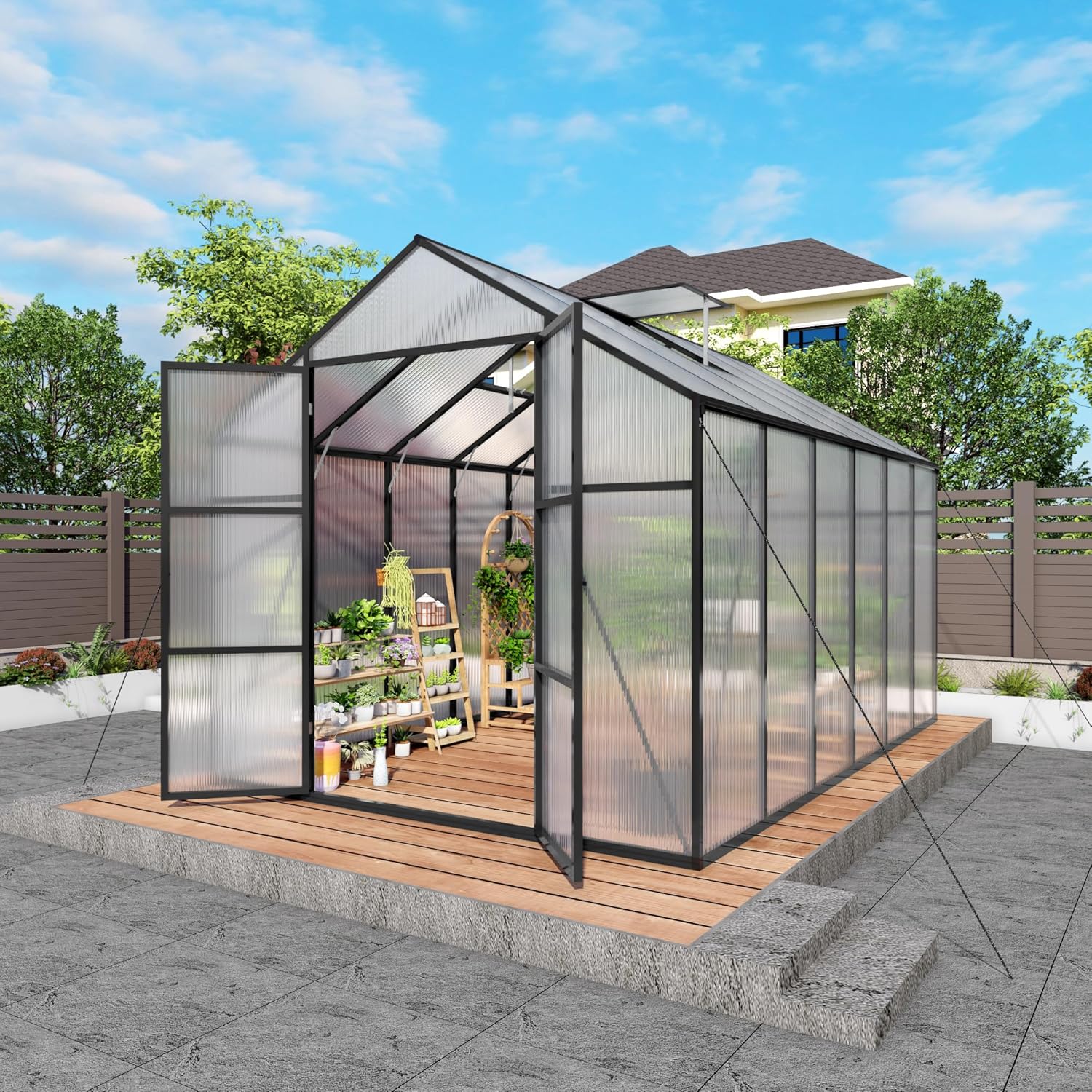 8x12 FT Large Walk-in Greenhouse, Heavy-Duty Polycarbonate Panels & Aluminum Frame, All-Season Garden Greenhouse with Gutter System, Roof Vent, for Outdoor Backyard (Black)