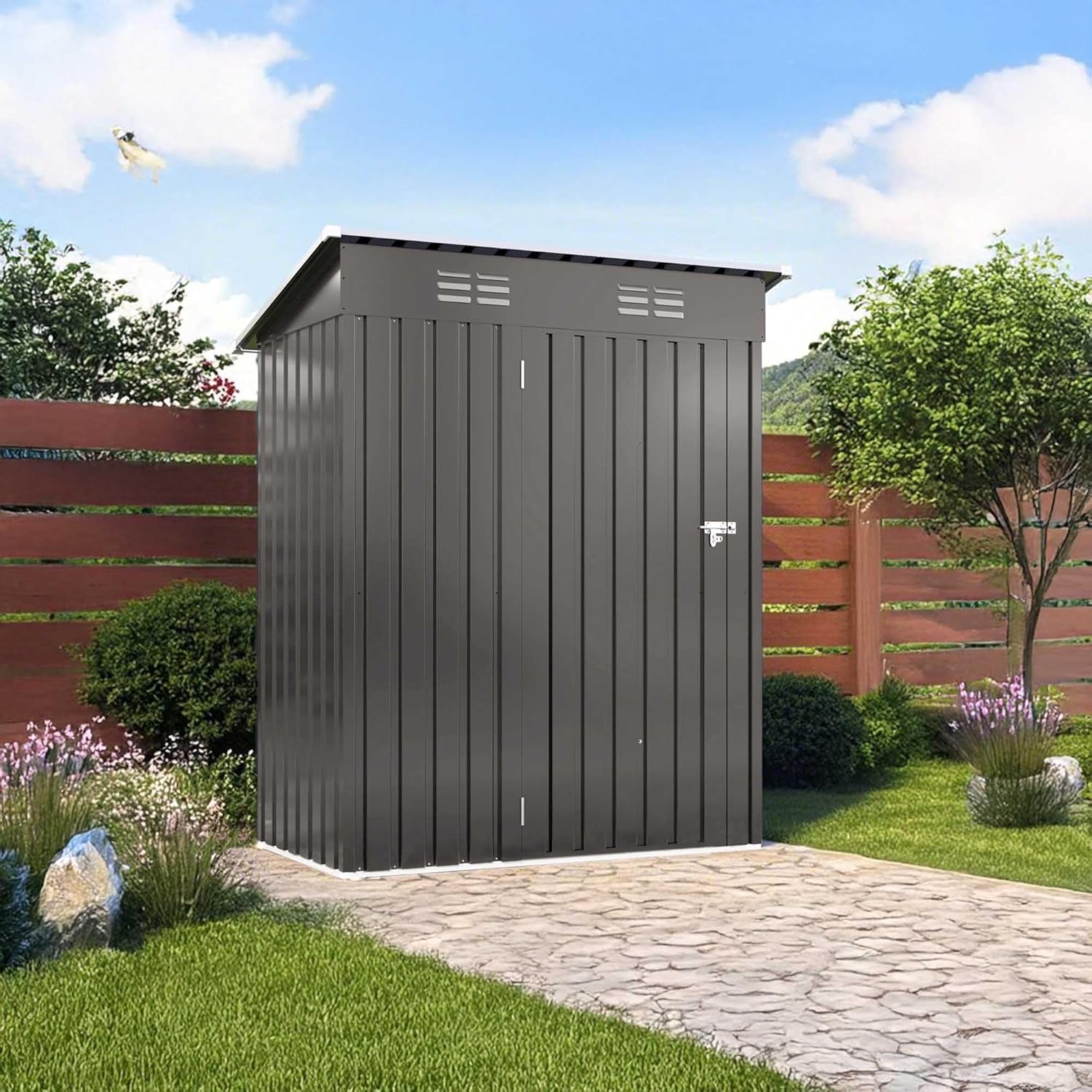 5x3 FT Metal Outdoor Storage Shed, Waterproof Garden Tool Shed with Flat Roof & Lockable Door, Compact Backyard Storage for Bikes, Lawn Equipment, Patio Furniture, Easy Assembly Utility Shed, Gray