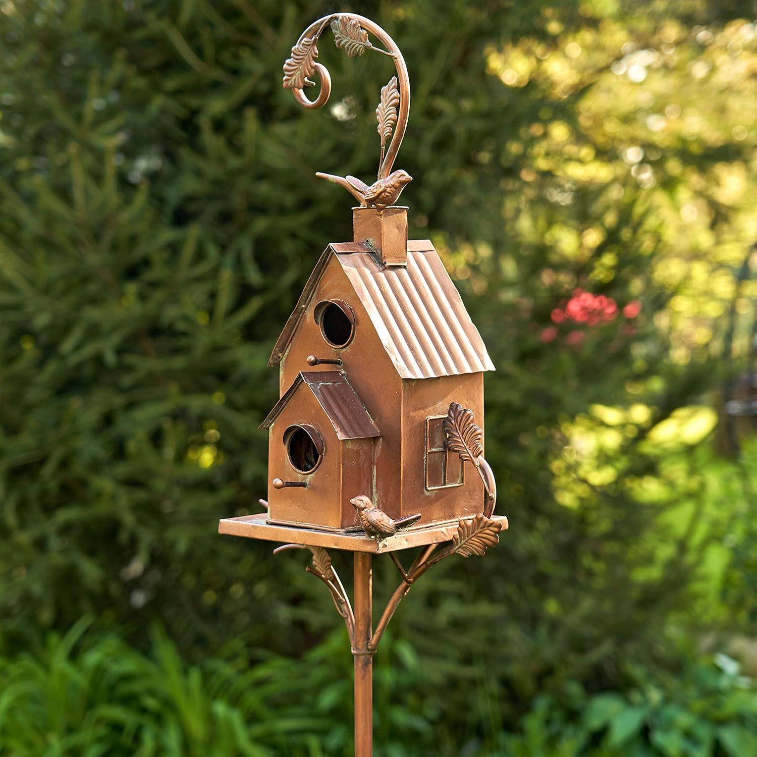 Zaer Ltd. Copper Colored Multi-Birdhouse Stakes, Room for 2 Bird Families in Each (Classic Home)