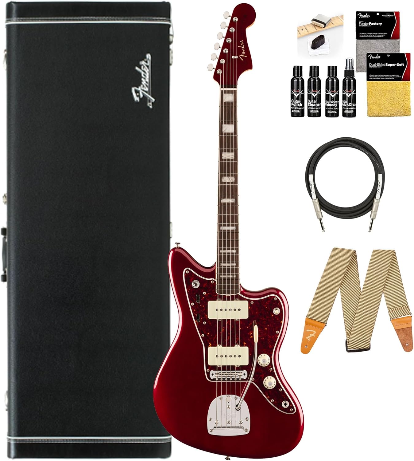 Fender Troy Van Leeuwen Jazzmaster- Oxblood Bundle with Tweed Case, Strap, Cable, and Guitar Cleaning Kit