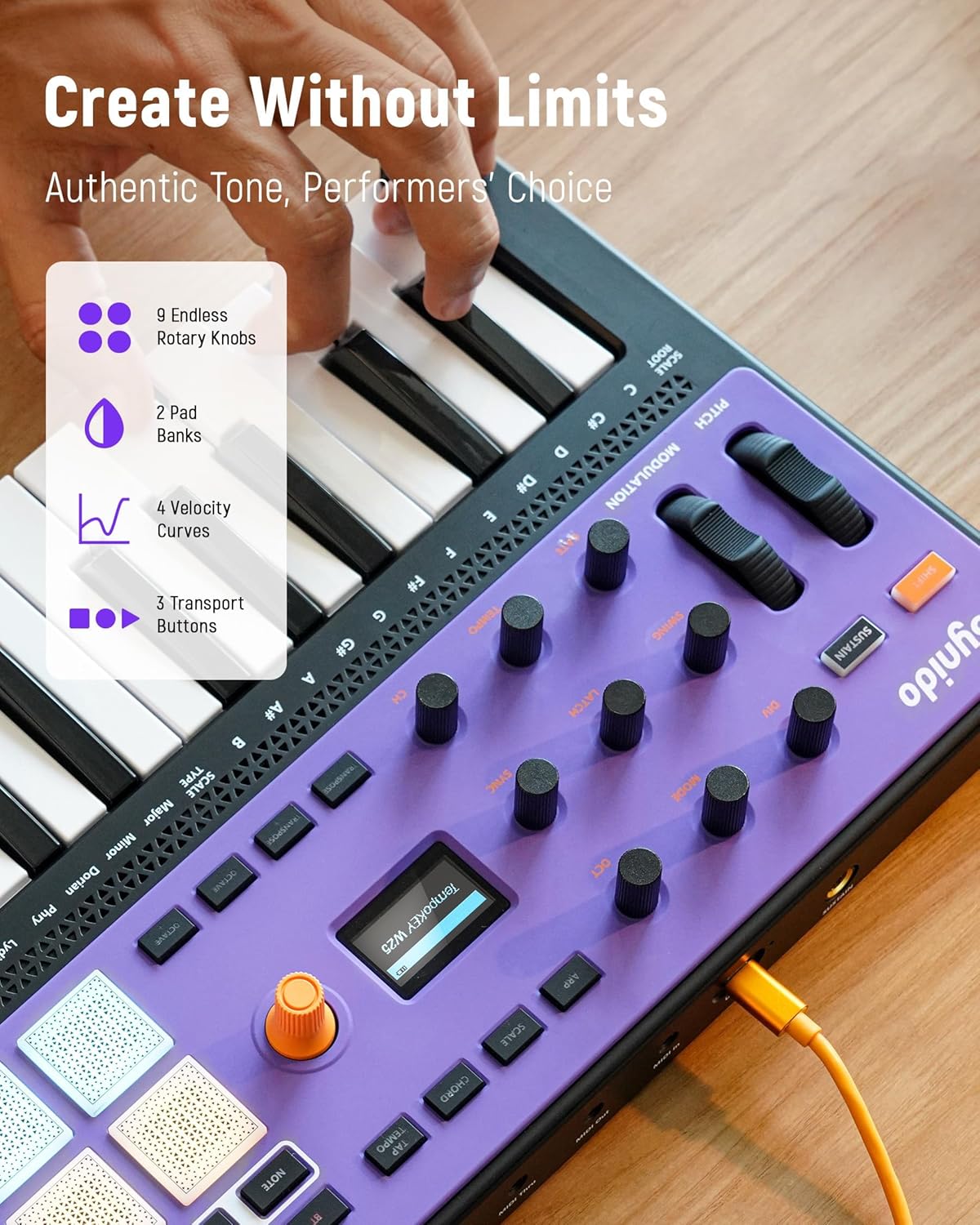 Synido Wireless Audio Interface Live Sound Card and Wireless USB C MIDI Controller Keyboard 25 Keys Rechargeable with 8 Velocity RGB Pads