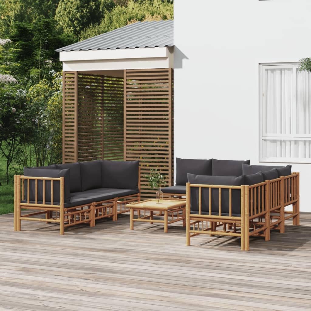 Furniture Sets 9 Piece Patio Lounge Set with Dark Gray Cushions Bamboo,Elegant Bamboo Patio Lounge Set for Outdoor Comfort and Durability Garden Conversation Sets
