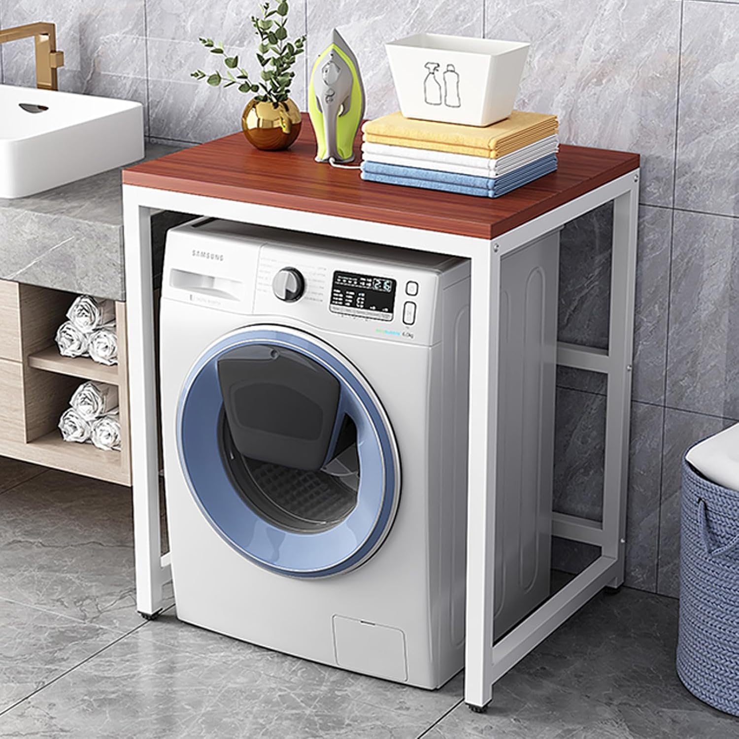 Adjustable Non Slip Feet Drum Washing Machine Storage Rack Freestanding Over Washing Machine Shelf with Space Saving Design Organiser Shelf for Small Kitchen Bathroom