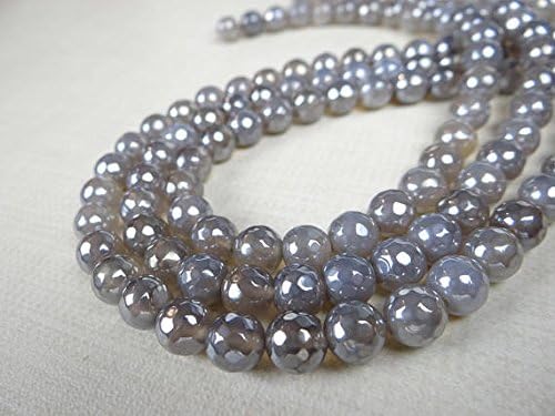 13 inch natural beads strand of 8mm faceted round grey silverite gemstone beads for DIY jewelry - necklace, bracelet, earring, ring.