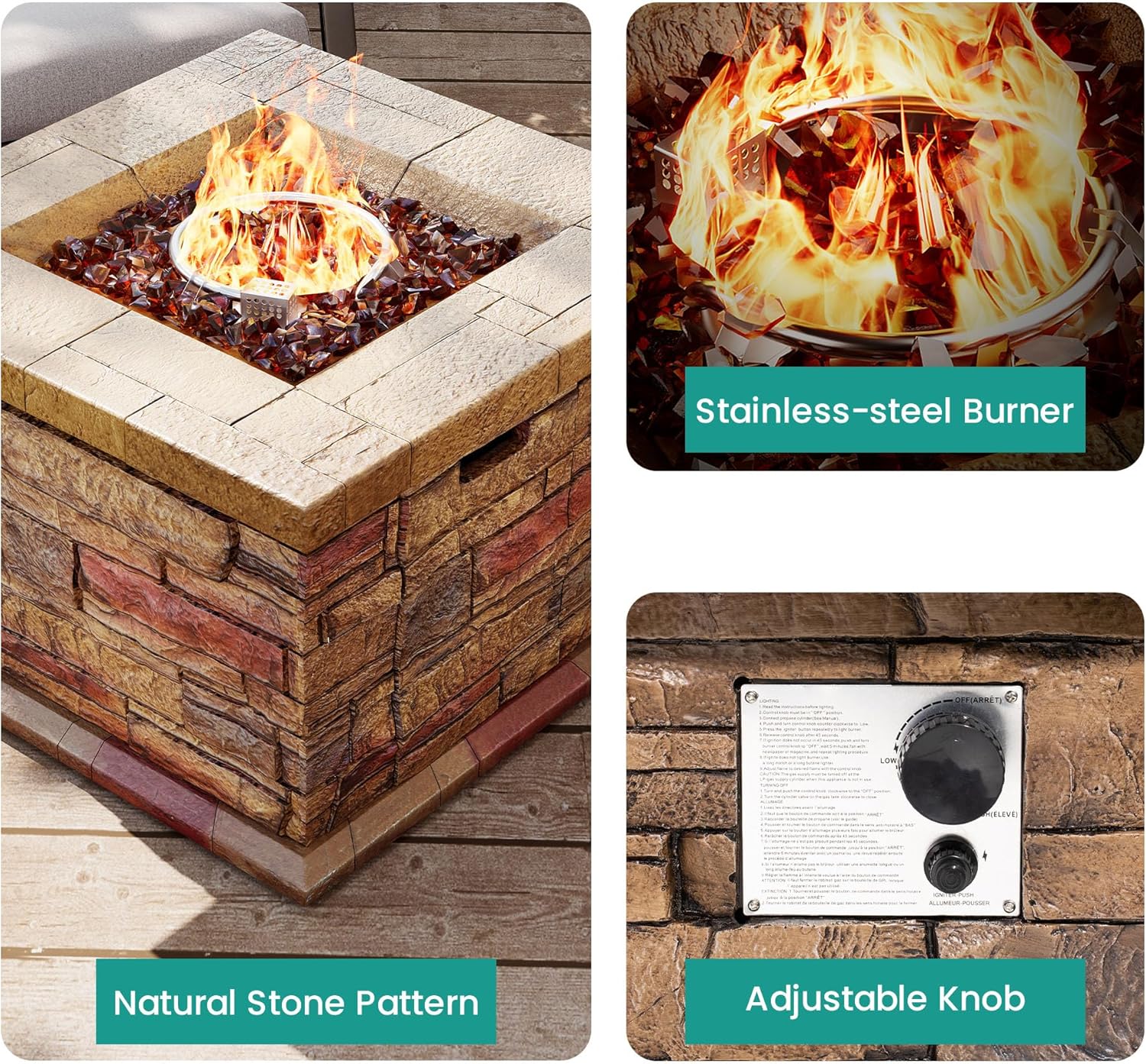 SUNBURY Outdoor 35 Inch Propane Fire Pit Table, Square Patio Fire Table 50,000 BTU Concrete Fire Table w Brown Fire Glass