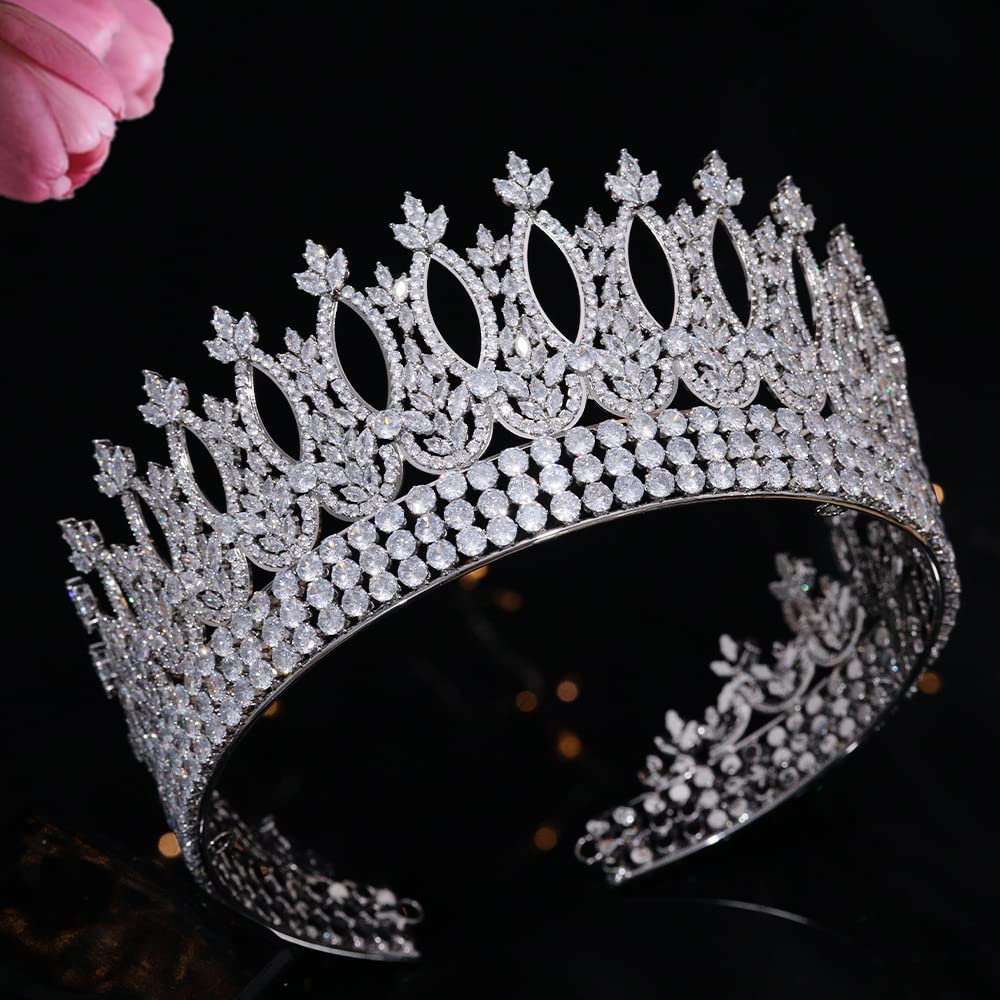Jorsnovs Luxury Tall Round Wedding Crowns for Bride Queen Tiaras 5A Cubic Zirconia Birthday Princess Big Hair Accessories