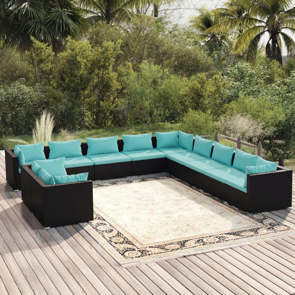 11 Piece Patio Lounge Set with Cushions Black Poly Rattan,Modern Outdoor Patio Lounge Set with WaterResistant Cushions and Modular Design Furniture Sets for Patio, Lawn & Garden