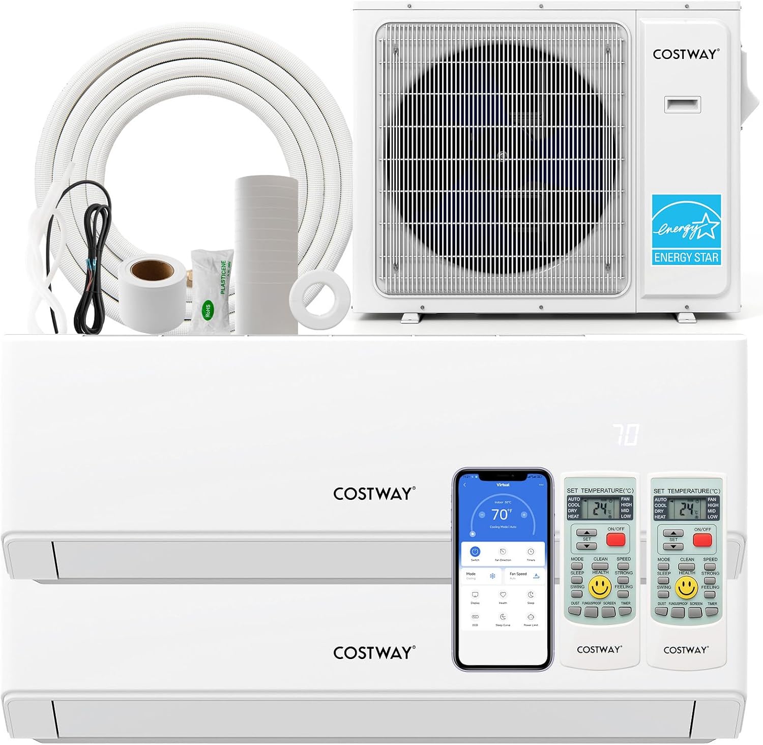 COSTWAY 30k Dual 2 Zone Mini Split Air Conditioner, 23 SEER2 12000 BTU+ 12000 BTU, 208-230V, Wifi Enabled Multi Zones Mini Split AC Heat Pump Full Set, Ductless Energy Star