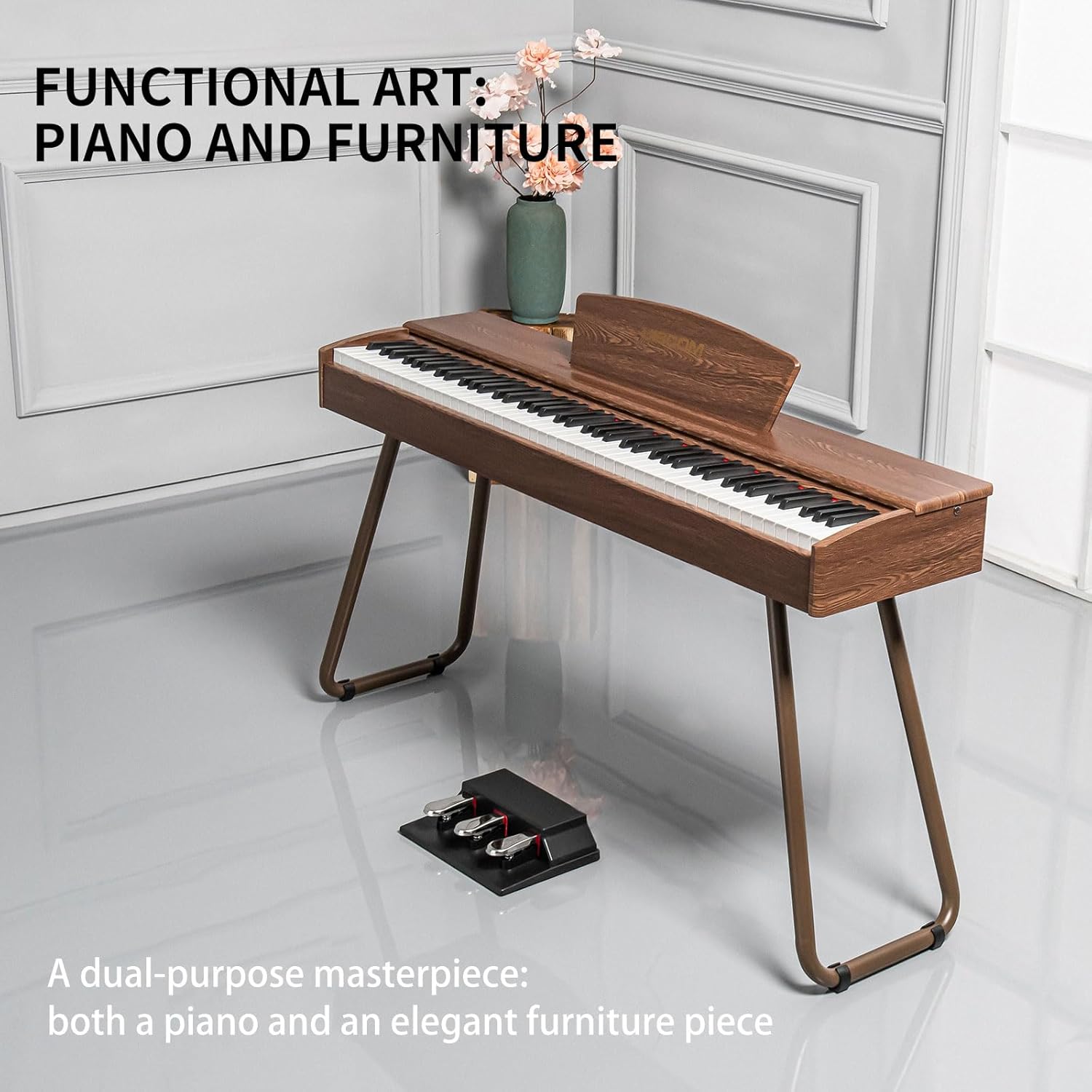 88-Key Weighted Keyboard Digital Piano in Walnut Wood Color - Electric Piano Perfect for Beginners, Includes Sheet Music Stand, Triple Pedal, Power Adapter, and USB-MIDI Support
