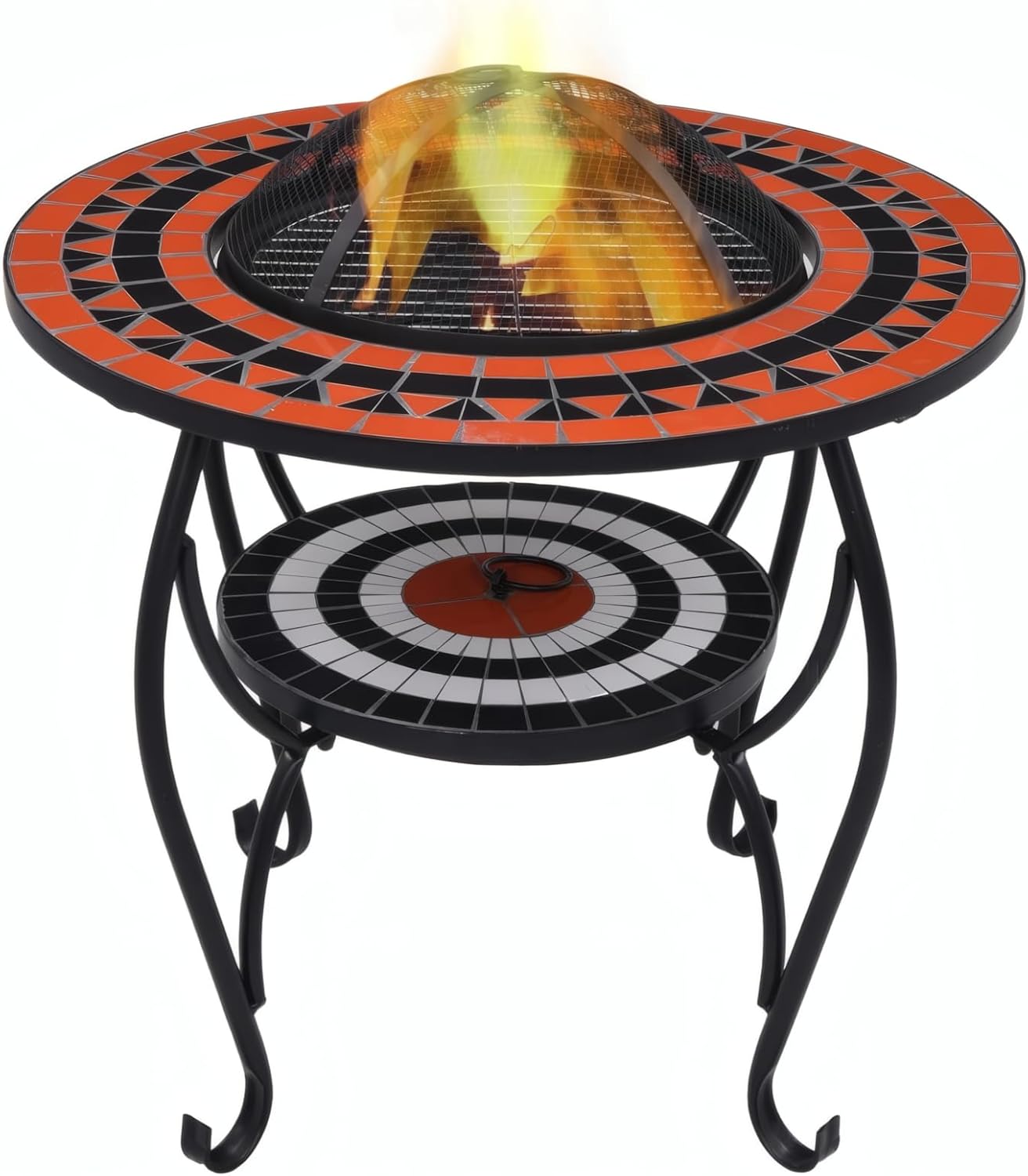 Penau Mosaic Fire Pit Table Ceramic Top, Outdoor Patio Firepit with Steel Fire Bowl and Four Leg Stand, Terracotta and White, 26.8 x 26.8 x 23.6 Inchs, for Backyard Garden Deck