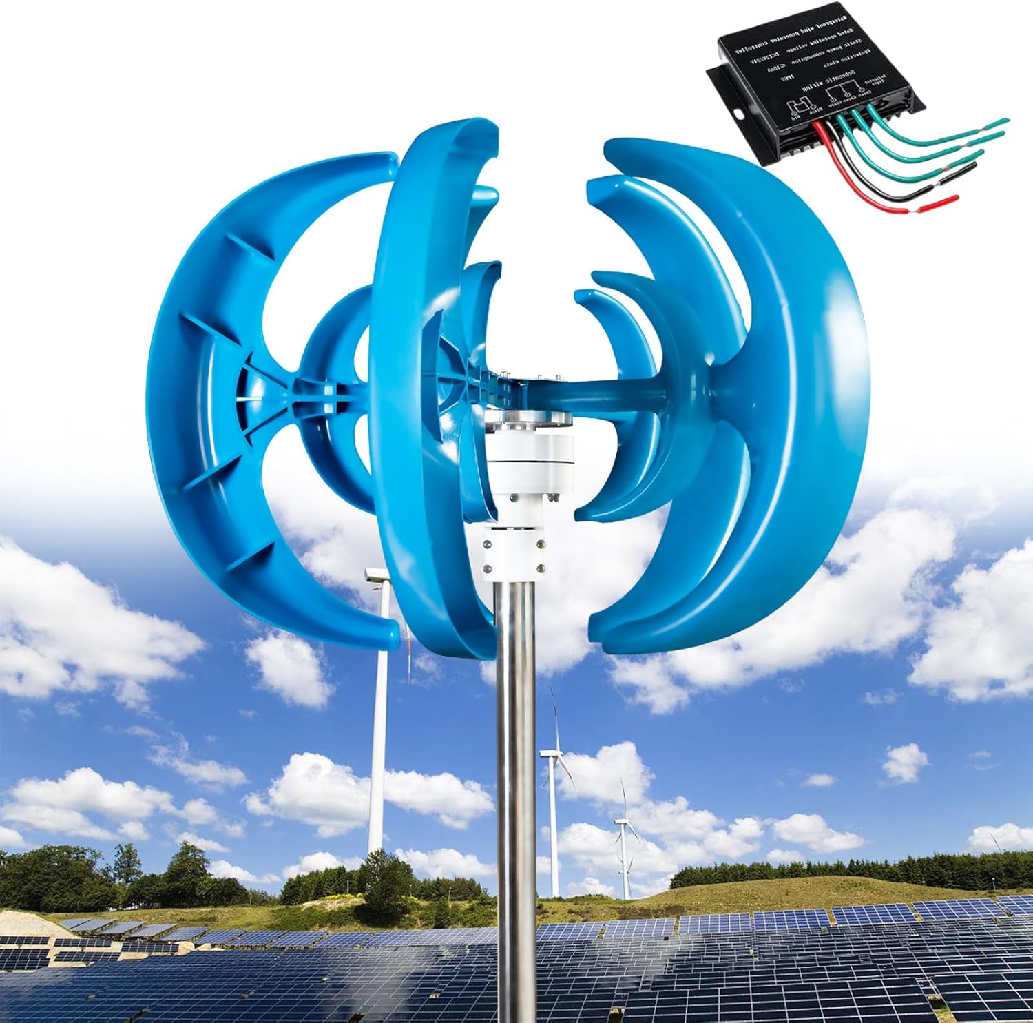 12000W Wind Turbine Generator, 12V 24V 48V 5 Blades Vertical Wind Turbine Kit, Three Phase AC Permanent Magnet Generator with Controller, Small Wind Turbine Generator (Blue 48V)