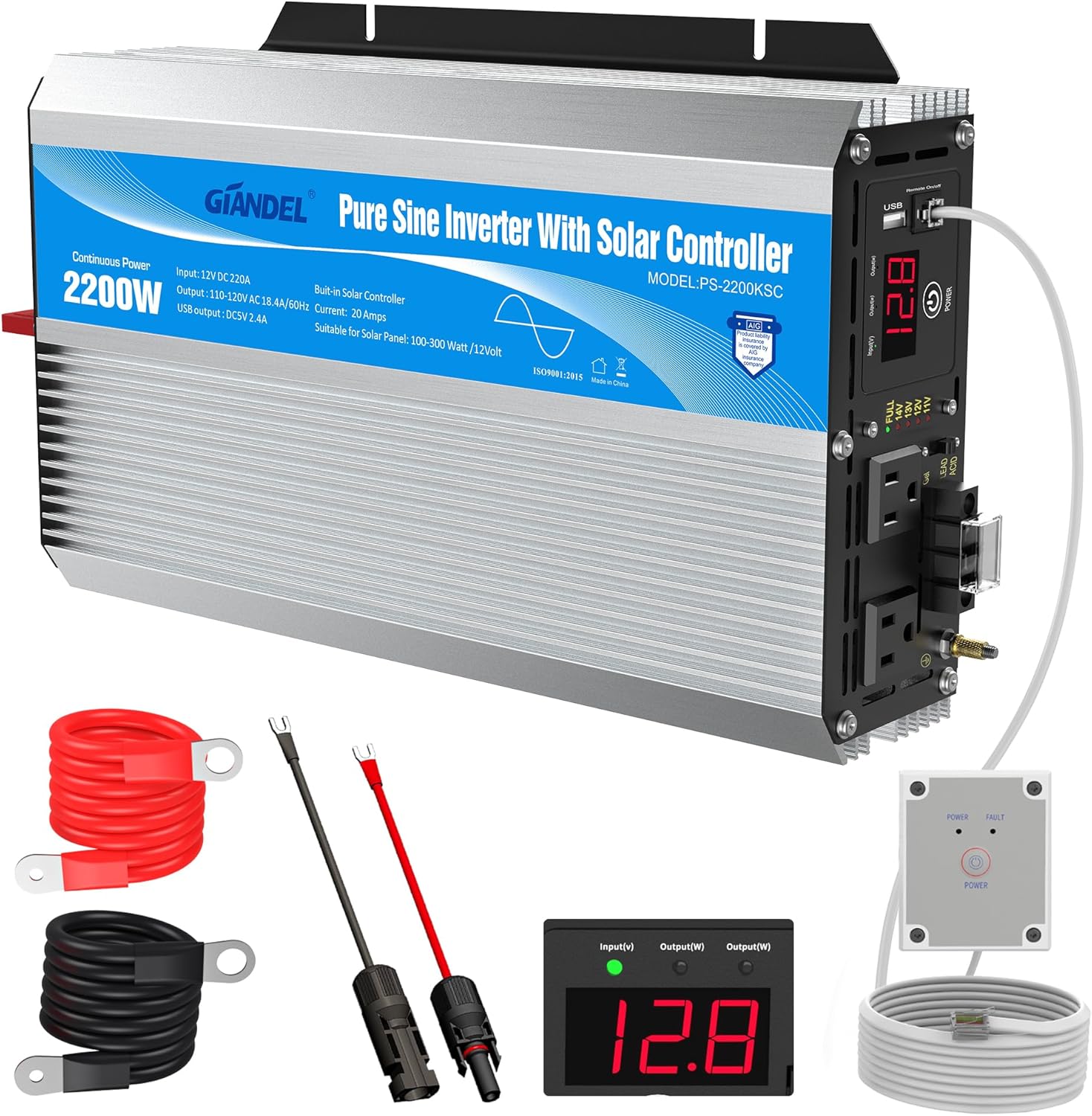 2200Watt Pure Sine Wave Solar Power Inverter with 20A Solar Charger Controller PWM and Wired Remote for Solar Setup RVs Camper Truck