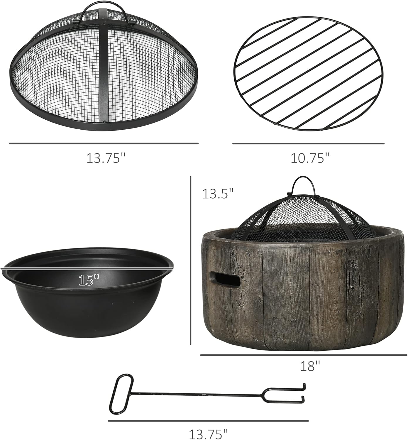 Outsunny Outdoor Fire Pit, 18 Inch Metal Wood Burning Fireplace with Spark Cover, Poker, Woodgrain Design for Patio, Picnic, Backyard, Dark Brown