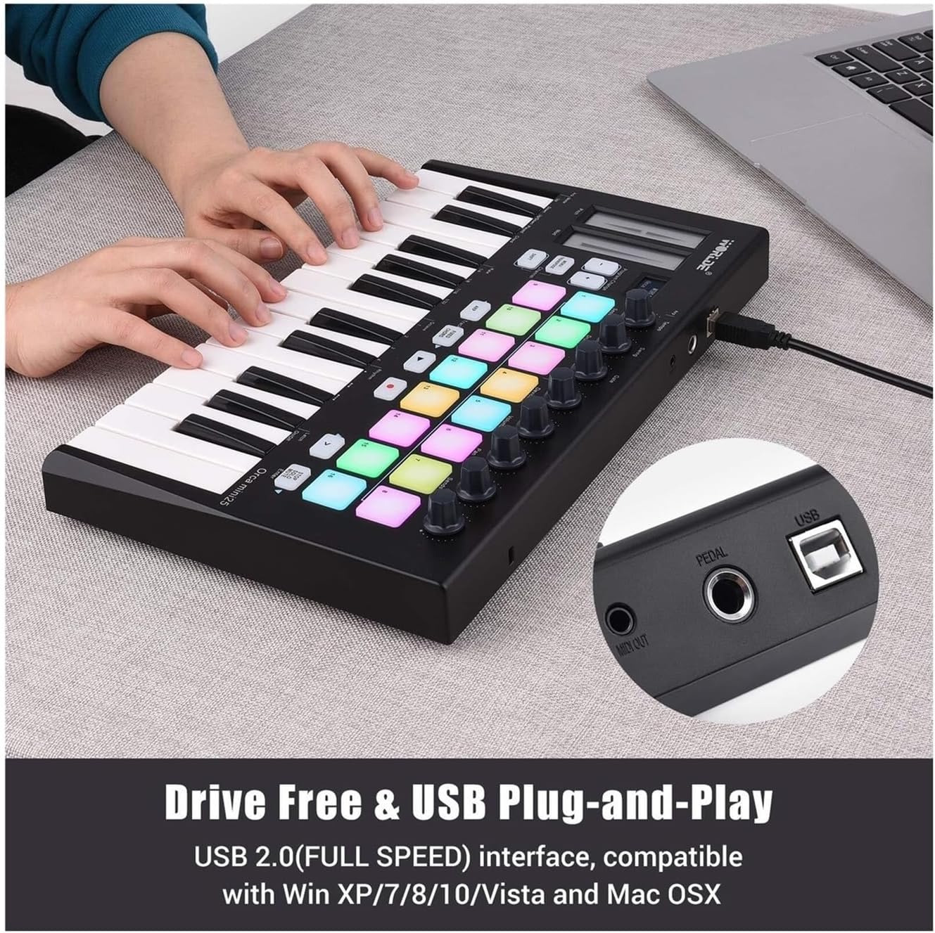 Portable 25-Key USB MIDI Keyboard Controller – 16 RGB Backlit Pads, 8 Assignable Knobs, Velocity-Sensitive Keys for Music Production