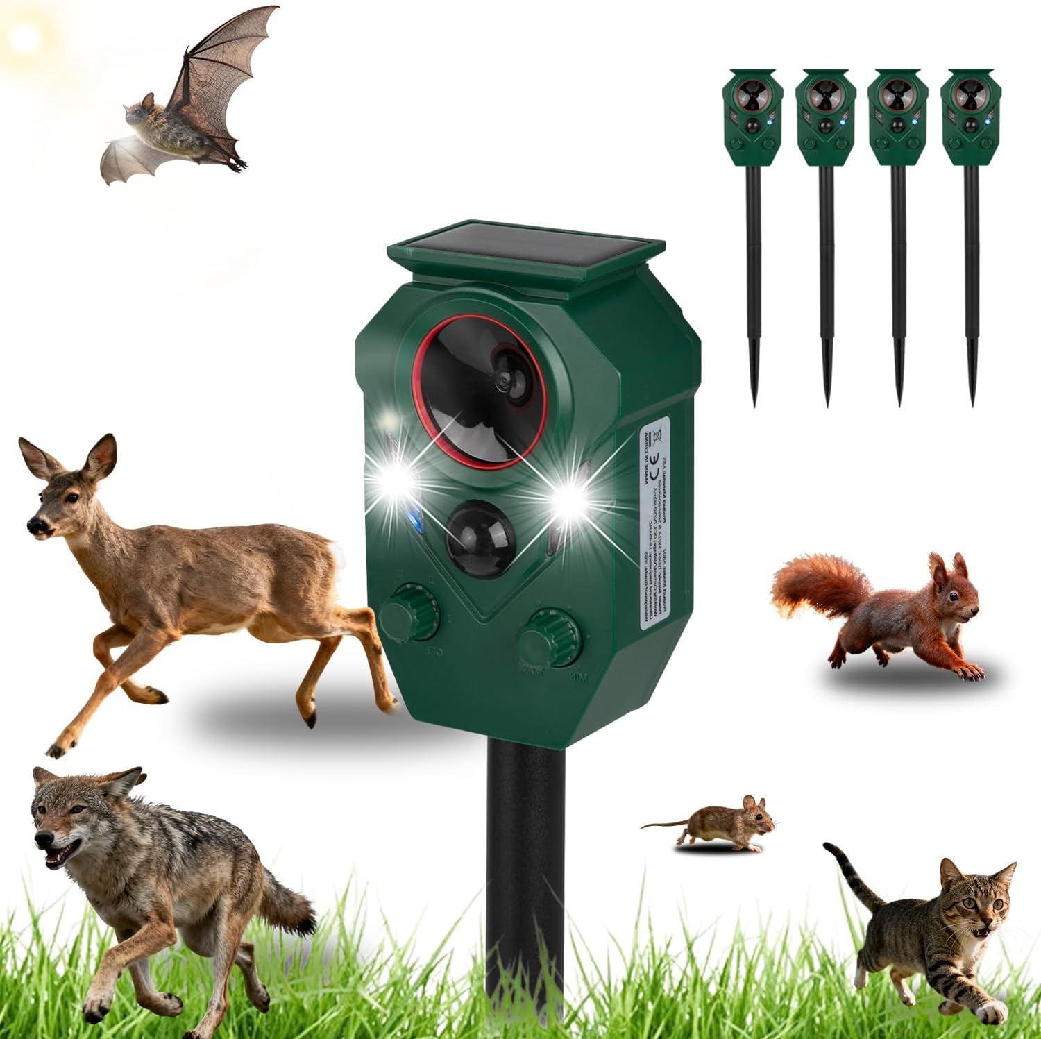 4 Pack Solar Ultrasonic Animal Repeller Outdoor – Motion Sensor Activated Cat & Dog Deterrent, IP65 Waterproof, Strobe Lights & Sound, Deer Repellent for Yard, Lawn, Farm