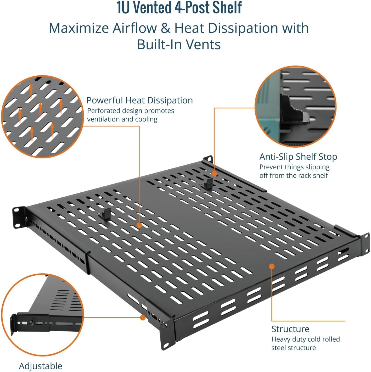 Tecmojo 1U 4-Post Vented Server Rack Mount Shelf,21.7in Deep with Adjustable Depth 13.5-31.8 Inch,Supports to 242 lbs,Universal Tray for 19 Inch AV/Network Equipment Rack,Black