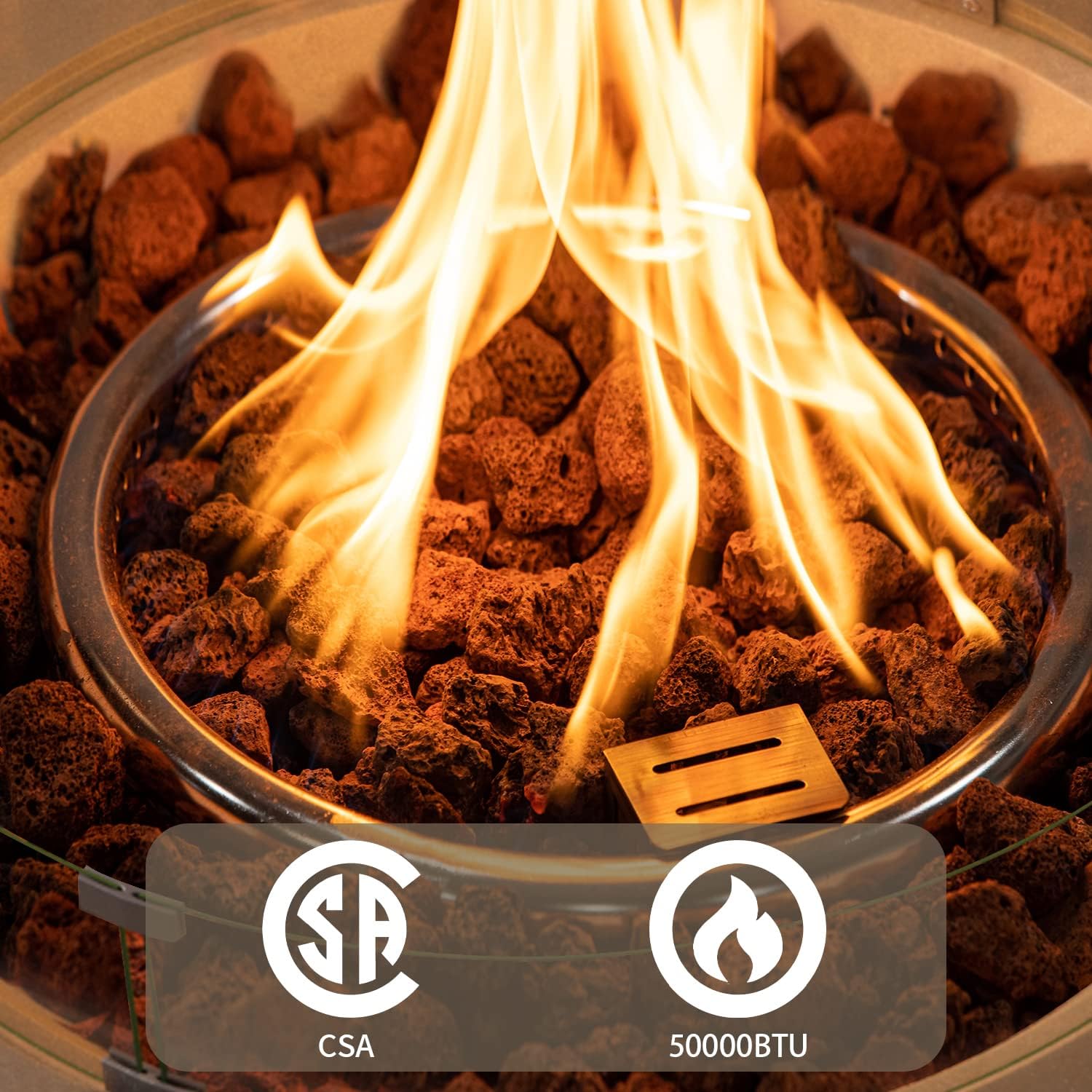 SUNBURY Outdoor Propane Burning Fire Pit, Circular Gray Patio Fire Table 50,000 BTU w Lava Rocks, Glass Wind Guard, Waterproof Cover