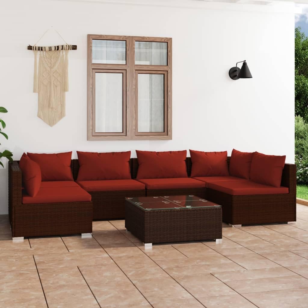 7 Piece Patio Lounge Set with Cushions Poly Rattan Brown,Modern Outdoor Lounge Set with Comfortable Cushions and Modular Design for Patio Patio Furniture Sets, Outdoor Furniture Sets