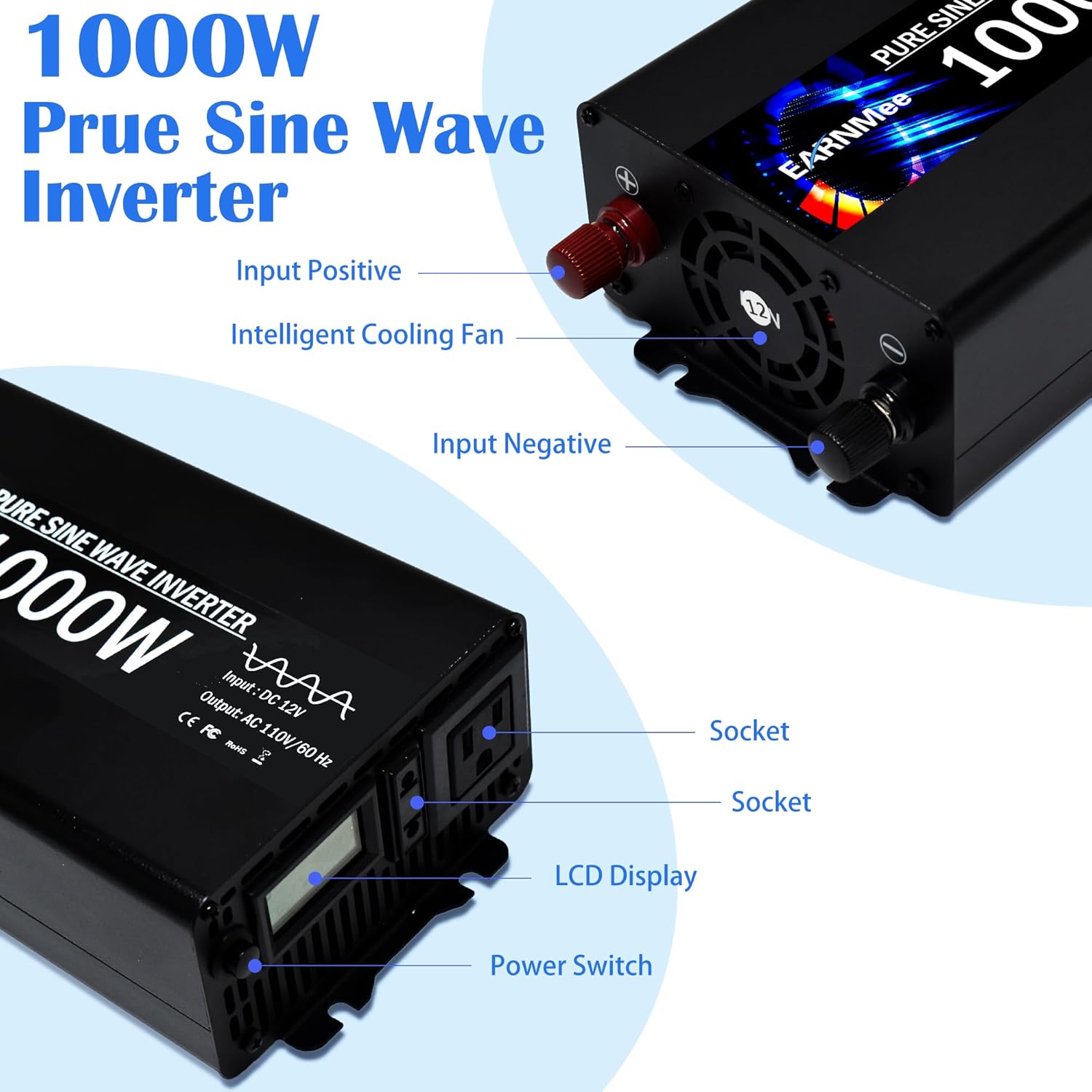 Pure Sine Wave Inverter,1000W Solar Inverter,12v to 110v Car Power Inverters 12v to 120v with Dual AC Socket Intelligent LCD 2000W Peak Power