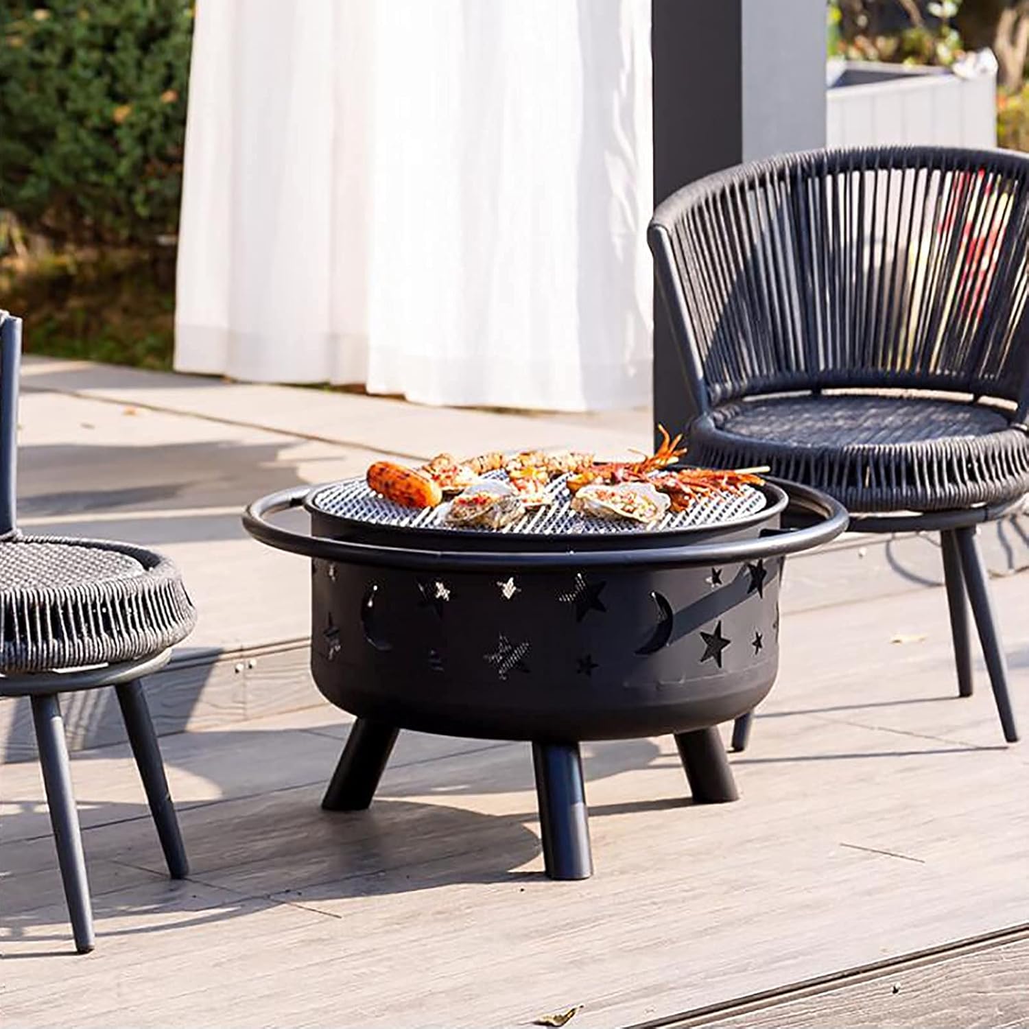 Backyard Patio Garden Stove Wood Burning BBQ Fire Pit with Spark Screen Cover,Poker,Fire Pit Cover,Grill for Campfire Bonfire,Square