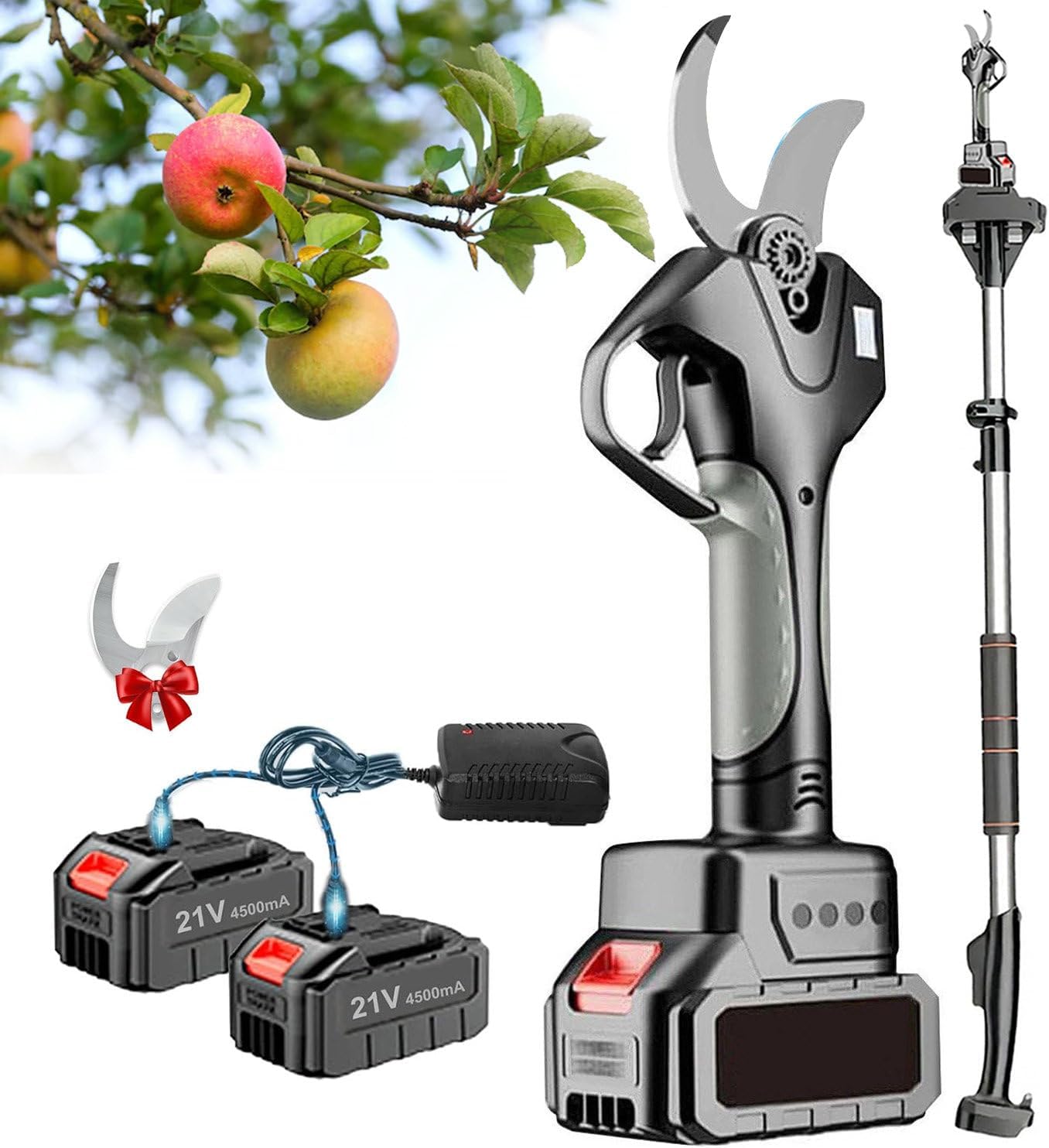 980W Electric Pruning Shears, 50mm Garden Secateur, Pruner with 2.1m Telescopic Pole, 6-8 Hours Working Hours, 2×4500mah Battery, for Hedge, Bush, Orchard