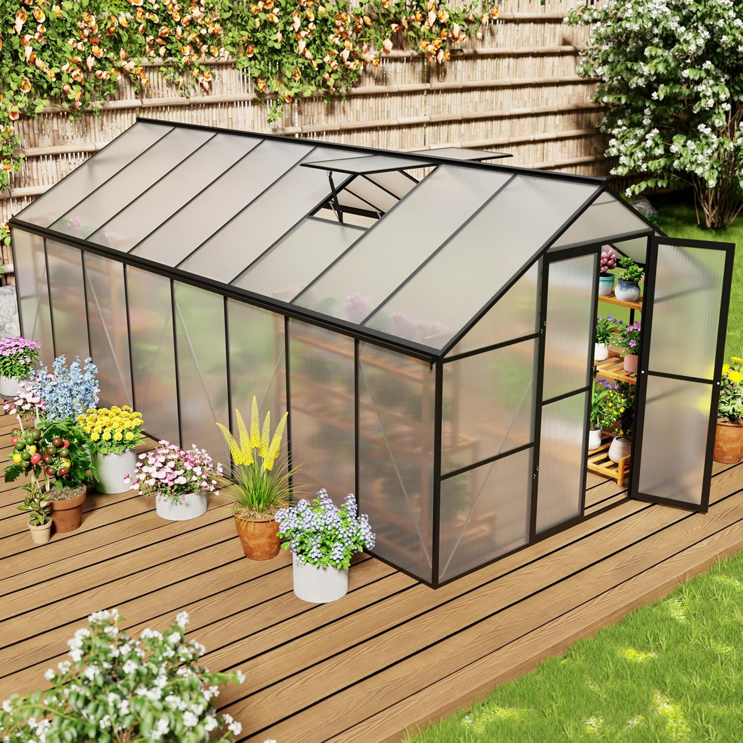 8 x 16 FT Outdoor Greenhouse, Heavy-Duty Polycarbonate Greenhouse with Aluminum Frame, Lockable Door, Adjustable Roof Vent, Walk-in Green House for Backyard, Garden, Patio