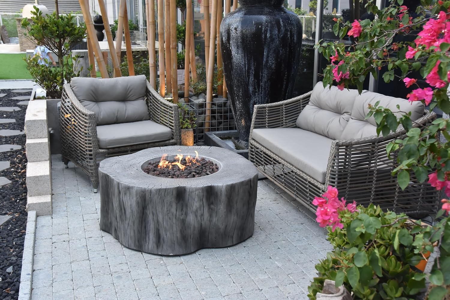 Elementi | Bundle Manchester Gas Fire Pit Cast Concrete Semi-Round Fire Table, Outdoor Fire Pit Electronic Ignition | Canvas Cover, Lava Rock Included | Classic Gray (Natural Gas)