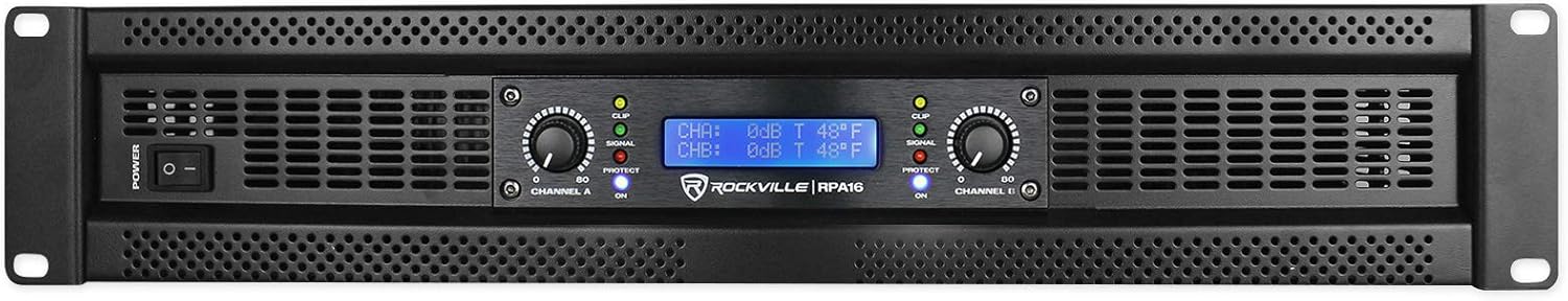 Rockville RPA16 10000W Peak/3000W RMS 2-Channel Power Amplifier, Bridgeable, Built-in Crossover, Limiter, LCD Display, XLR/Speakon/Banana Outputs, for Pro Audio and DJ