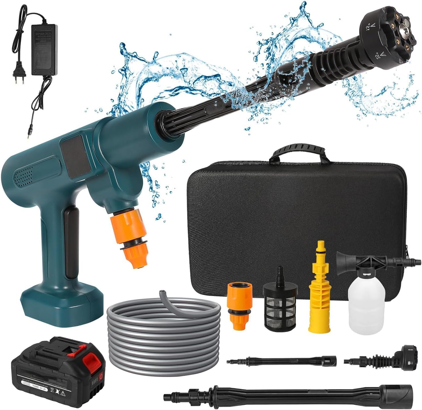 Portable Pressure Washer, 300W Handheld High-Pressure Car Washer, Speed ​​Adjustment 2nd Gear, Can Be Sprayed 8 Meters, With 2 Battery, Water Flow 4.1L/min, Adjustable Nozzle for Car Patio Cleaning