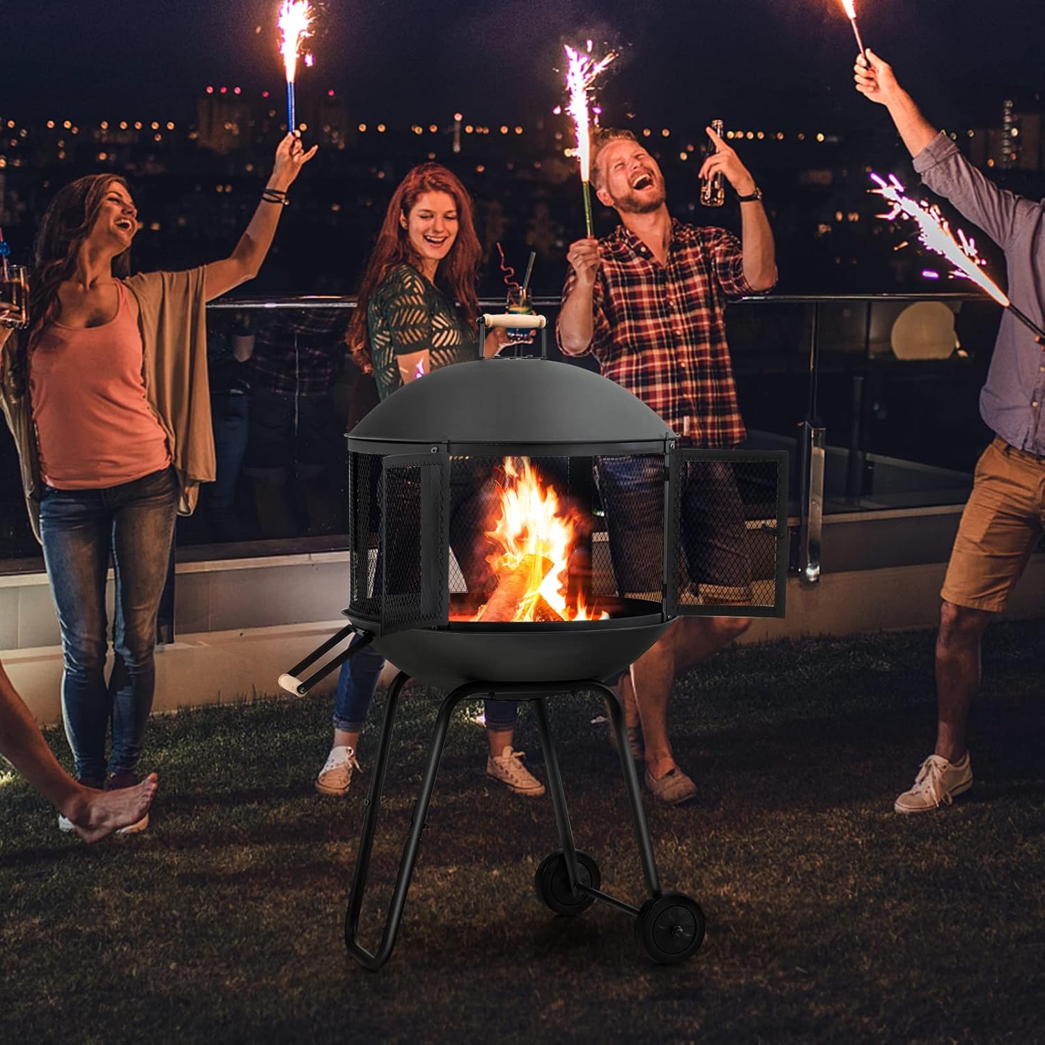 S AFSTAR Fire Pit Outdoor Indoor, 28 Inch Wood Burning Fire Pits W/Wire Mesh Doors, Firepit Lid, Log Grate & Fire Poker, 42.5 Height Rolling Bonfire Fire Pit Portable Firepits for Outside Patio Deck
