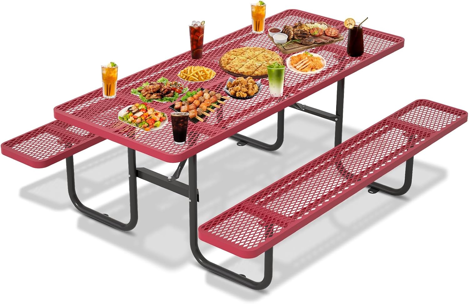 72'' Rectangular Steel Picnic Table for Outdoors,Commercial Metal Picnic Table with Umbrella Hole, Heavy Duty Sturdy Picnic Tables Furniture Set for Patio Garden Courtyard BBQ, Red