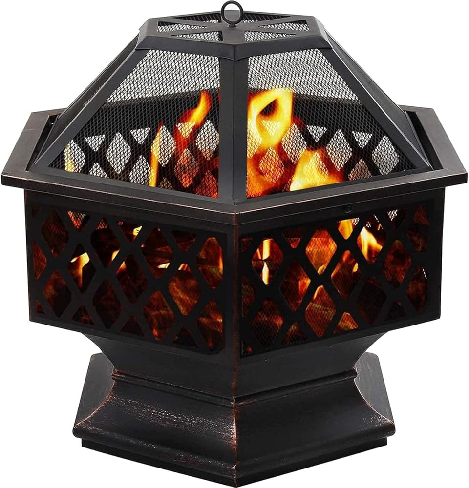 Fire Pit Metal Outdoor Wood Burning Firebowl Fireplace with Spark Screen Retardant Mesh Lid and Poker for Outside Backyard Deck