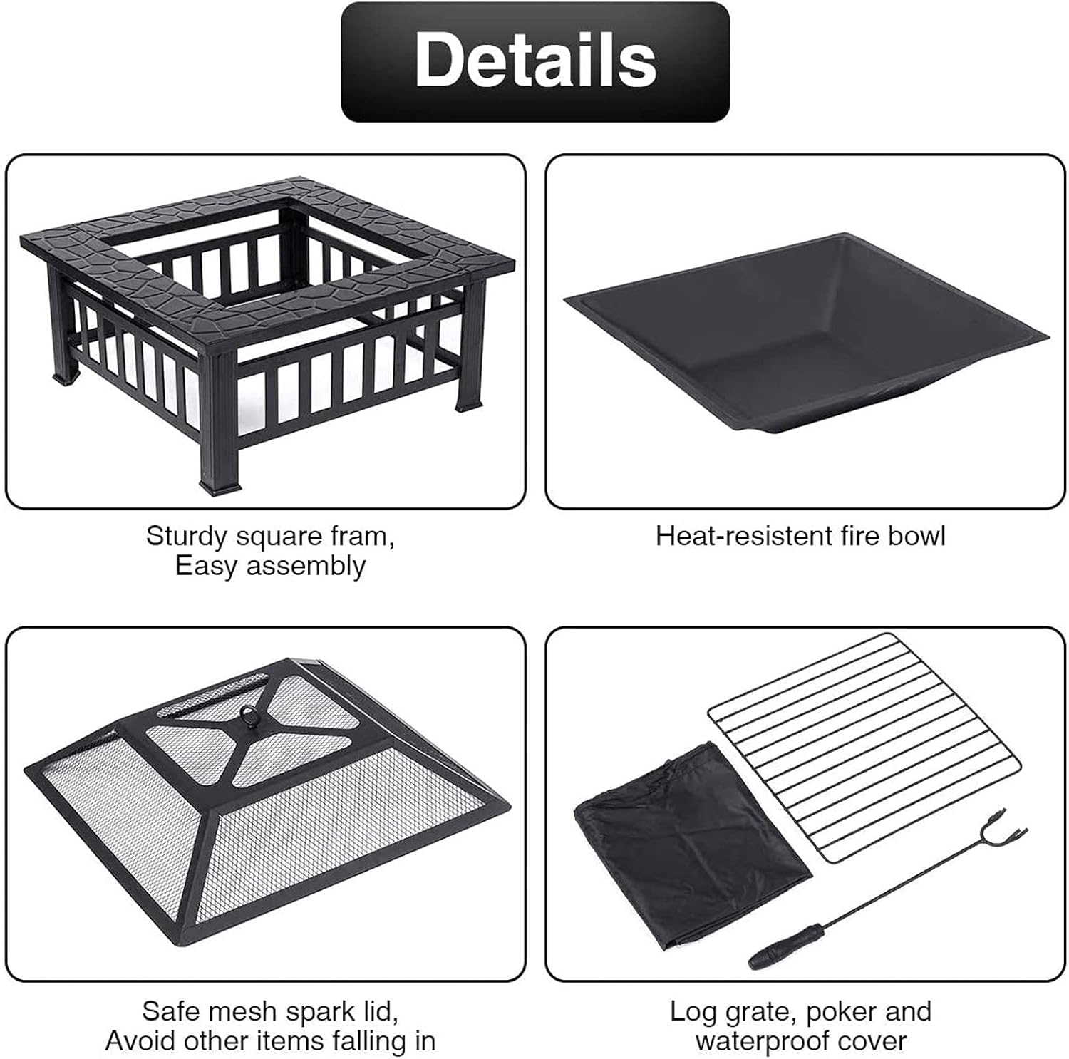 Outdoor Fire Pit Metal Square Firepit Patio Stove with Spark Screen Cover, Log Grate, Poker for Backyard Garden Camping Picnic Bonfire