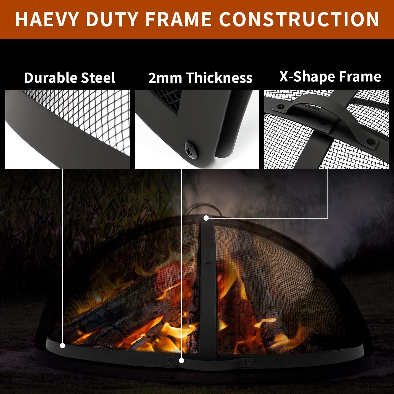 WeCooper Heavy-Duty Fire Pit Spark Screen, 40In Round Steel Mesh Screen Guard, Easy-Opening Firepit Ember Arrester with Handle