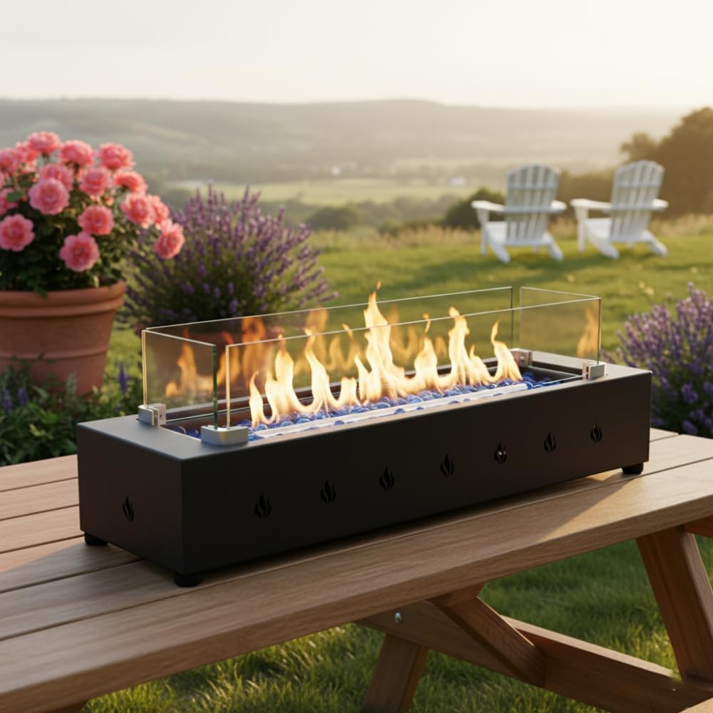28-Inch Rectangle Propane Fire Pit, 40,000 BTU Outdoor Gas Firepit with Wind-Resistant Design, Durable Iron Construction with Glass Beads Accent