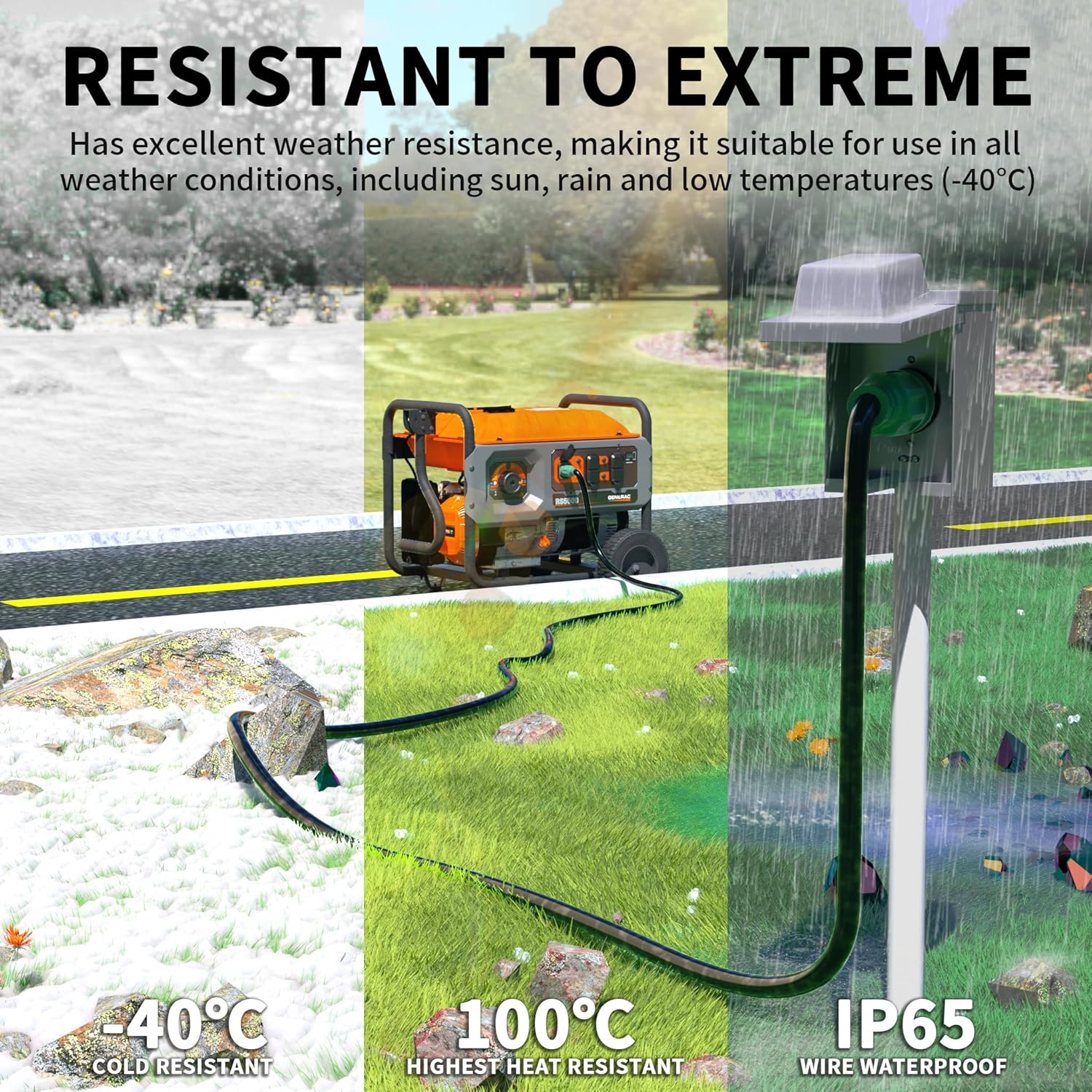 POWGRN 50 FT 30 Amp Generator Extension Cord 4 Prong, Heavy Duty NEMA L14-30P to NEMA L14-30R, 125/250V 7500W, Green 10 Gauge STW Twist Locking House Power Cord, 50 Feet Generator Cable