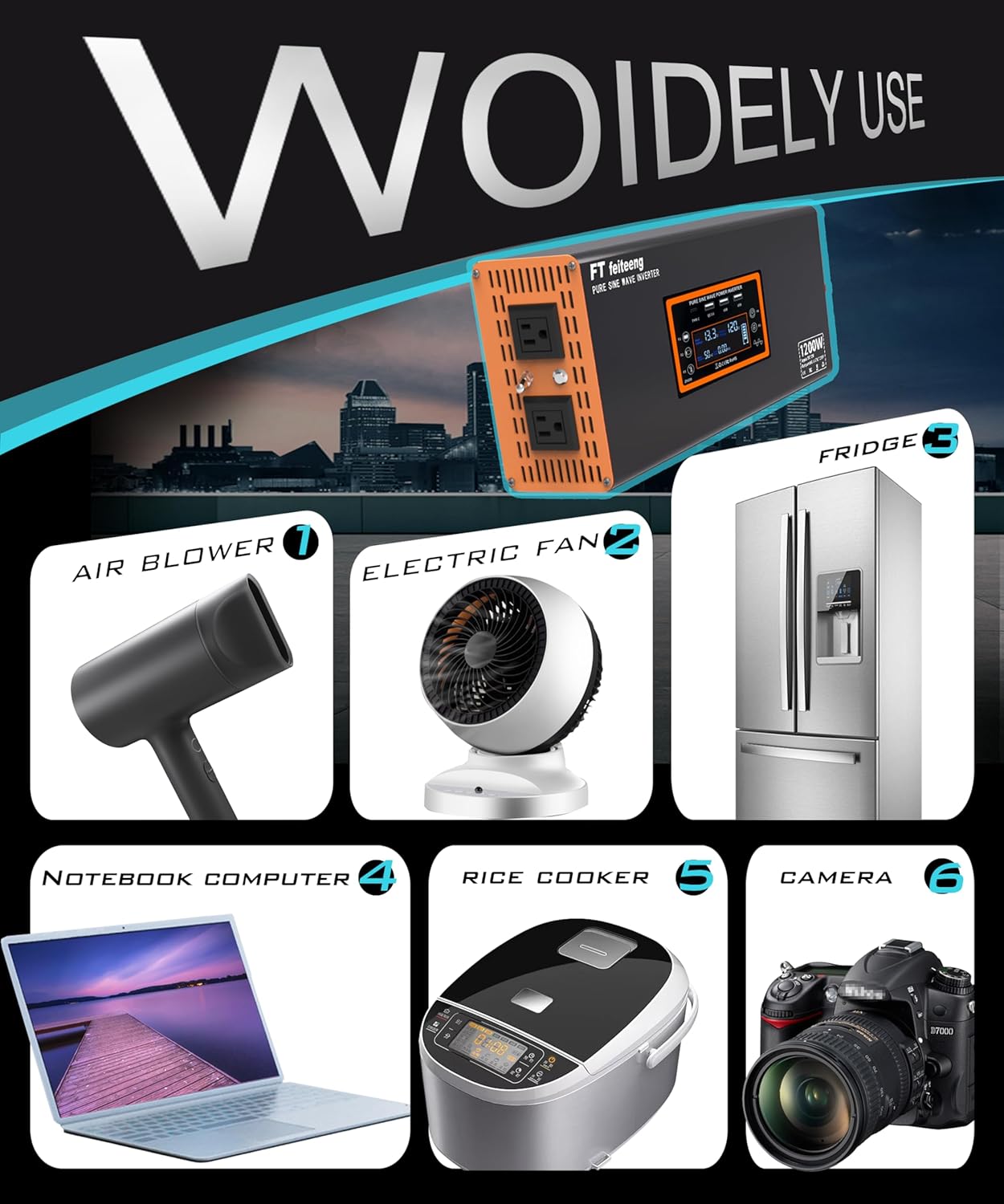 1500W Pure Sine Wave Inverter 12V to 120V AC, Solar Off-Grid & Outdoor Emergency Power, LCD Temp Control & Dual Fast Charger (RV/Truck/Camping)