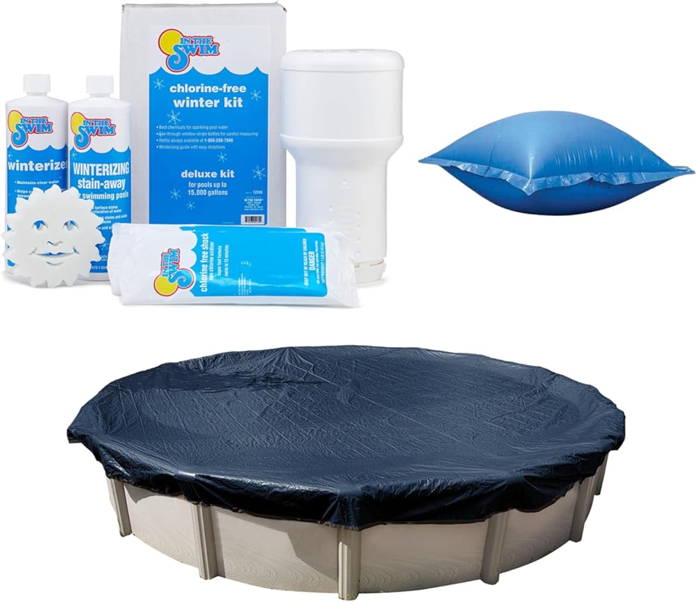 In The Swim Swimming Pool Winterization Bundle: Includes a 24' Round Economy Swimming Pool Winter Cover, 15k Gallon Pool Winter Closing Kit, and 4'x4' Air Pillow