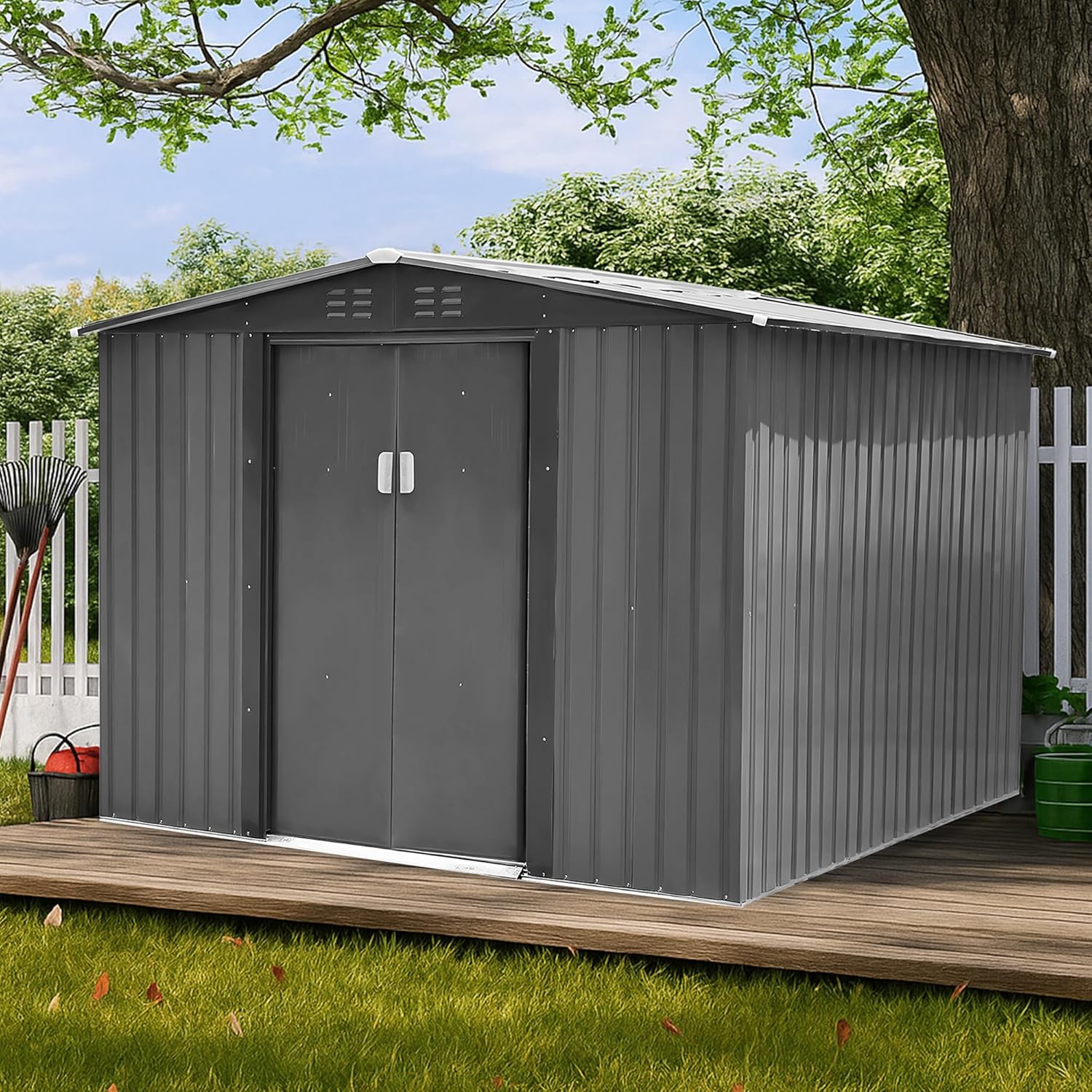 8x6 FT Outdoor Metal Storage Shed with Lockable Garden Shed Steel Anti-Corrosion Storage House with Sliding Lockable Door for Backyard Outdoor Patio, Light Gray