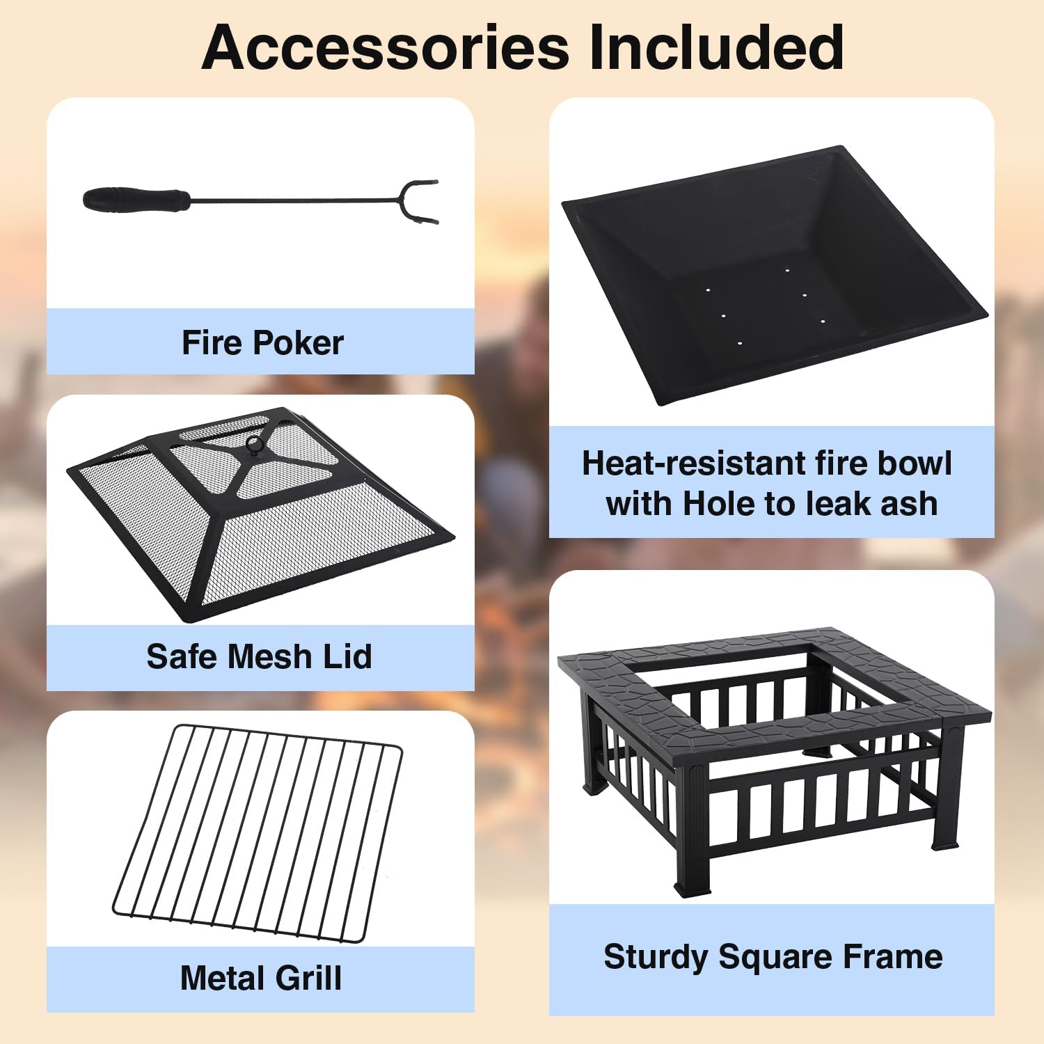 Square Metal Fire Pit Table with BBQ Charcoal Rack, Poker & Mesh Cover – Outdoor Wood Burning Fireplace for Patio, Garden, Camping, Picnics & Backyard Bonfires