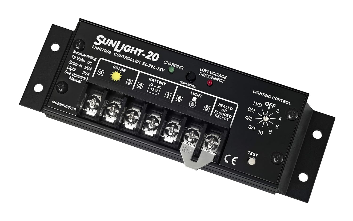 Morningstar Sunlight 20A Solar Charge Controller (SL-20L-12V) - Solar Panel Regulator for 12 Volt Batteries, Lighting Ctrl, Easy Setup, Corrosion Resistant Terminals, 5 Year WTY - Designed in The USA