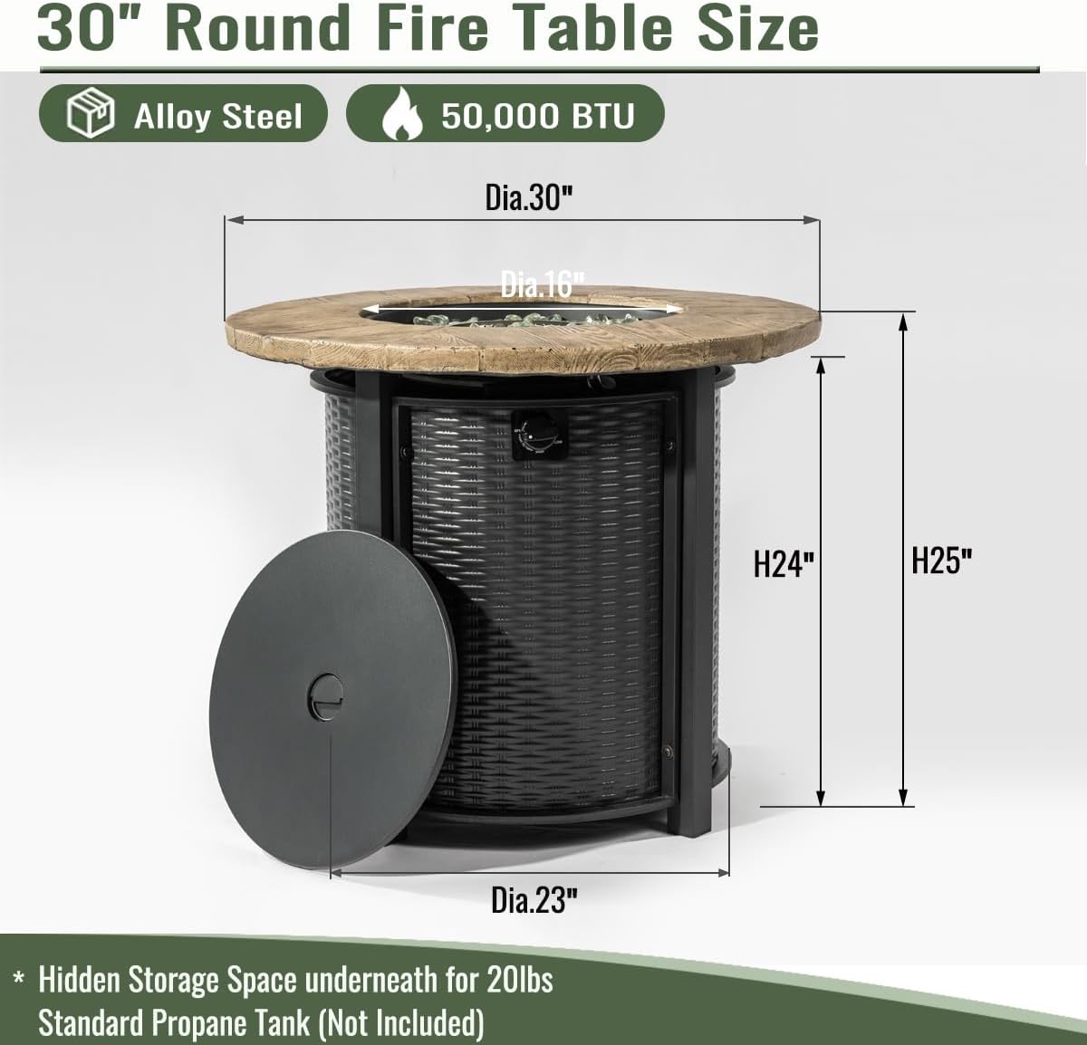 30 Inch Outdoor Propane Fire Pit Table,50000 BTU Steel Gas Firepit with with Woodgrain Top & Lava Rocks, Portable Round Patio Heater for Deck Garden Backyard