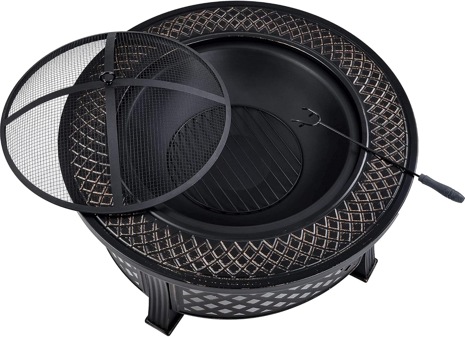 Garden Fire Pit Outdoor Fire Pit, Metal Fire Bowl with Charcoal Fork/Charcoal Grid/Mesh Cover, Grill Camping Bonfire Grill Barbecue Rack