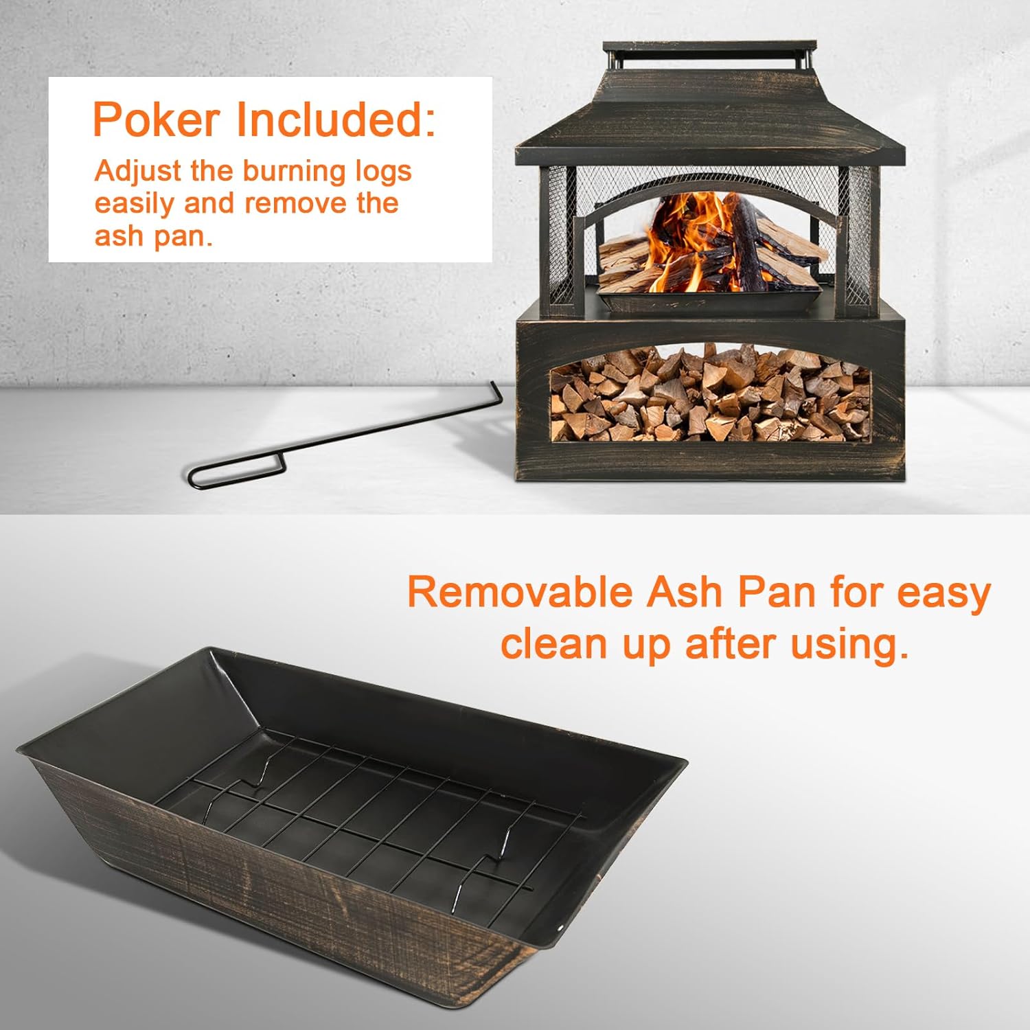 Outdoor Fire Pit Wood Burning Fireplace, Large Log Burner Firepit with Log Grate and Poker, Metal Firepit for Patio Garden Backyard Outside, 37 x 32 x 18 inch