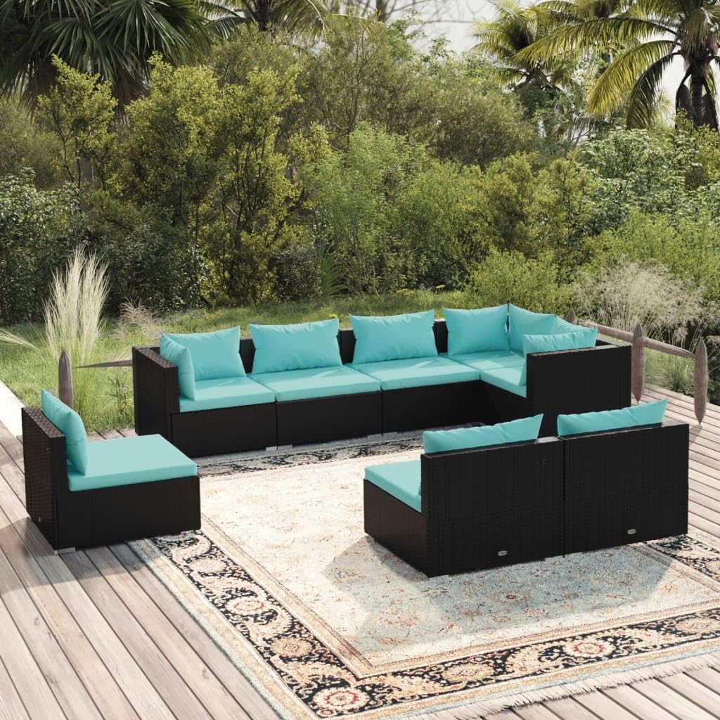 8 Piece Patio Lounge Set with Cushions Poly Rattan Black,Upgraded Rattan Patio Lounge Set: Comfortable Modular Sofa for Outdoor Relaxation Patio Furniture Sets, Outdoor Furniture Sets