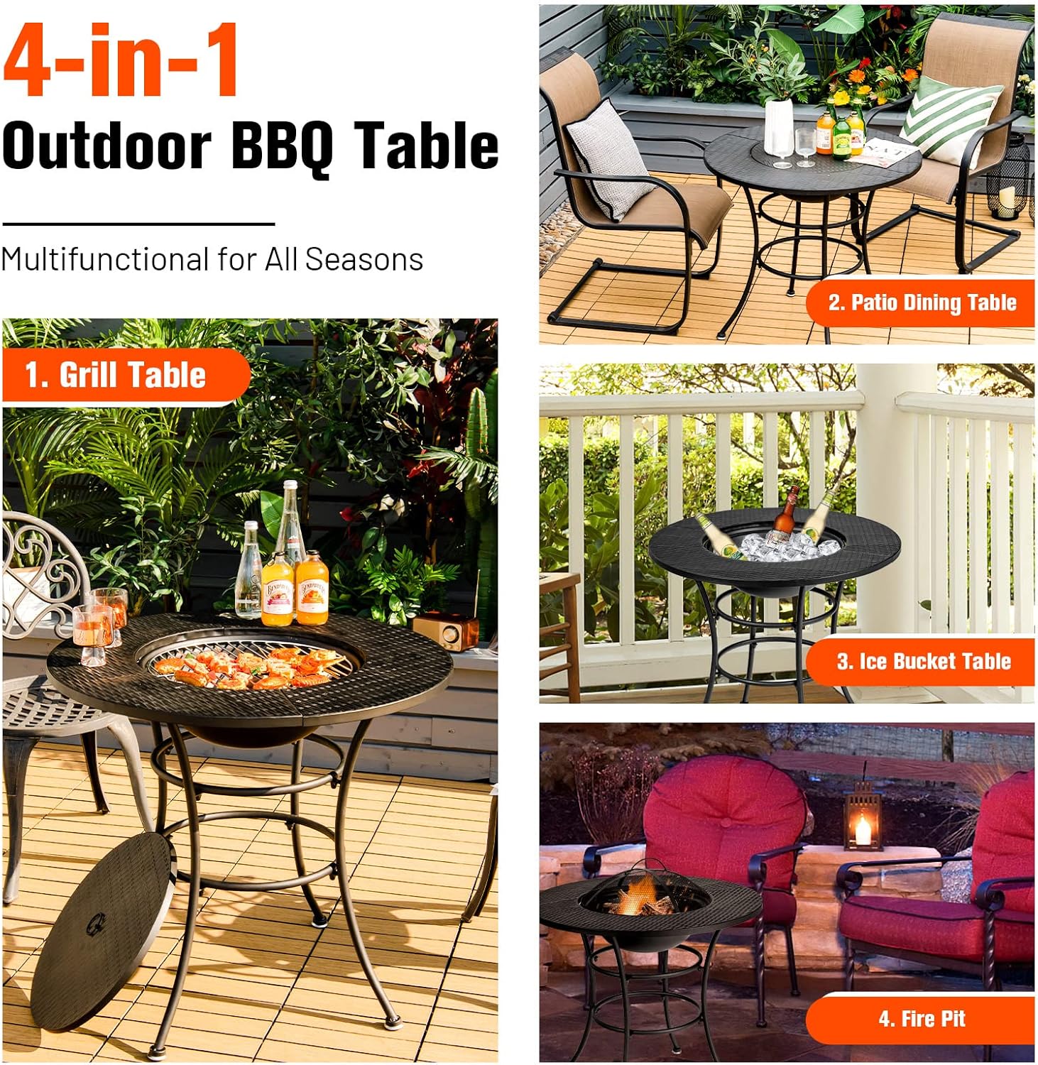 Tangkula 32 Inch Outdoor Fire Pit Dining Table, 4-in-1 Round Wood Burning Fire Pit Bowl, Patio Steel Firepit for BBQ, Bonfire, Camping, Includes Fire Poker, Cover, Grill, Log Grate, Spark Screen Cover